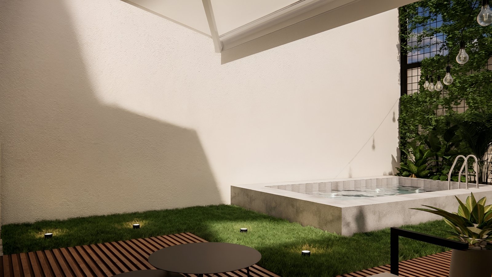 Área externa moderna com jacuzzi e deck de madeira — projeto Diseño cálido de patio, por Mela Deco Design, em Buenos Aires