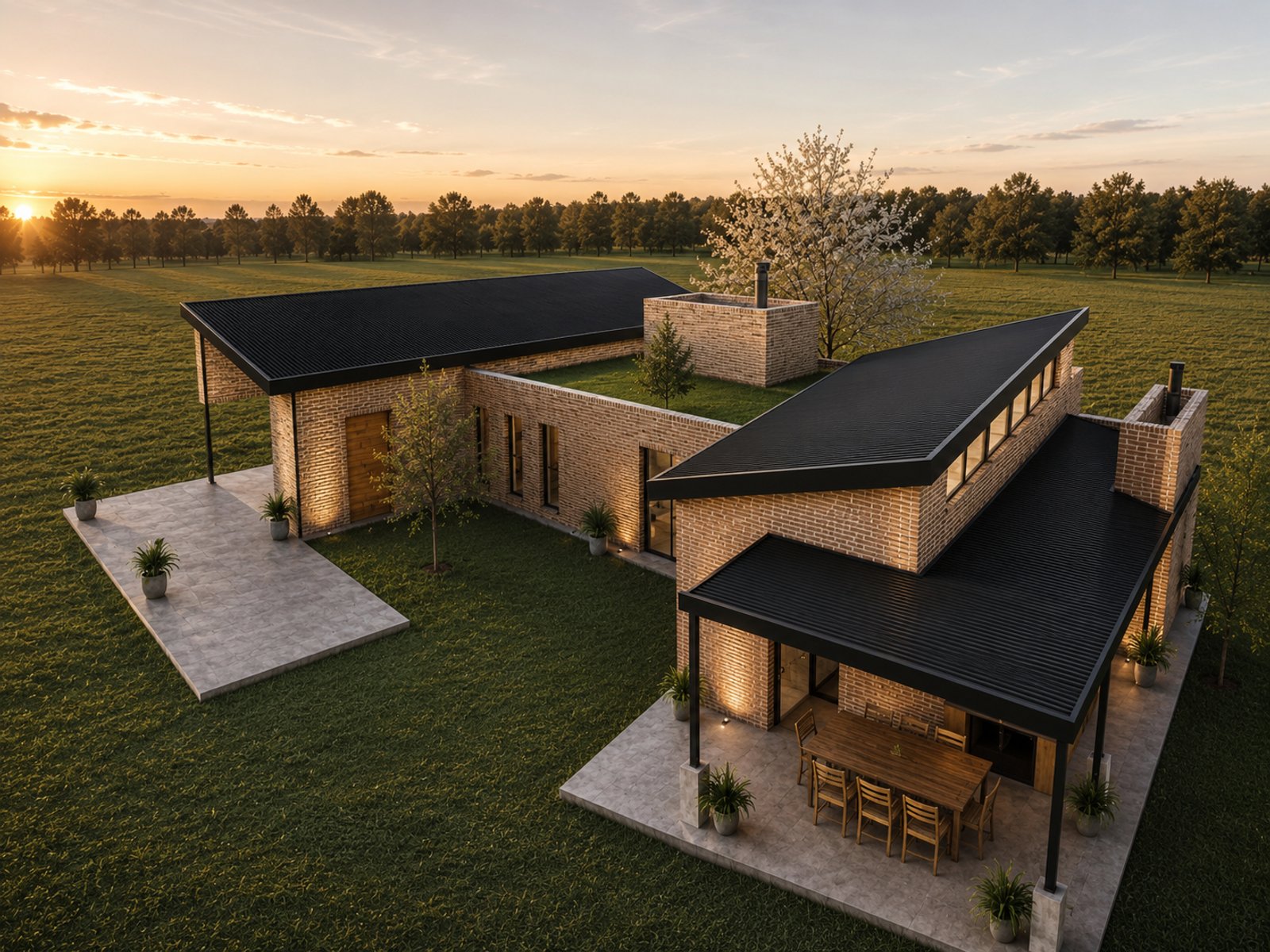 Casa moderna en ladrillo con patio central y atardecer — proyecto La escondida, por Plasma co, en Neuquen