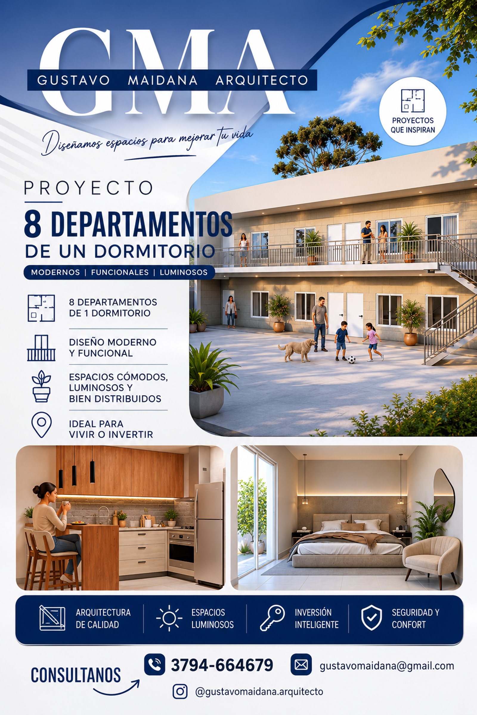 Edificio moderno de departamentos con balcones y grandes ventanales — proyecto Complejo de Departamentos , por Arquitecto Gustavo Maidana, en Caá Catí