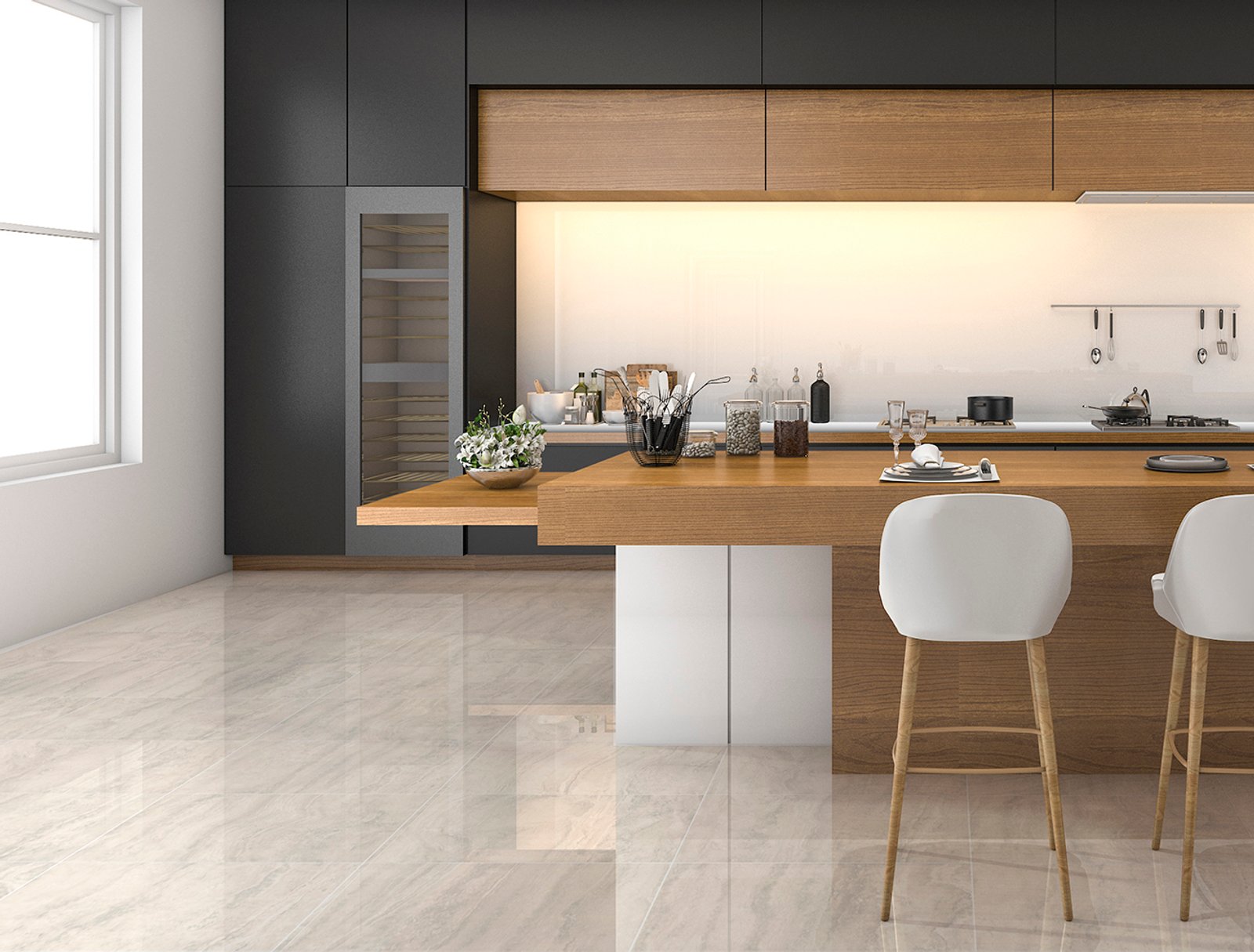Cocina moderna con isla de madera y suelo de mármol claro — proyecto 60x60, por Cerámica Alberdi 