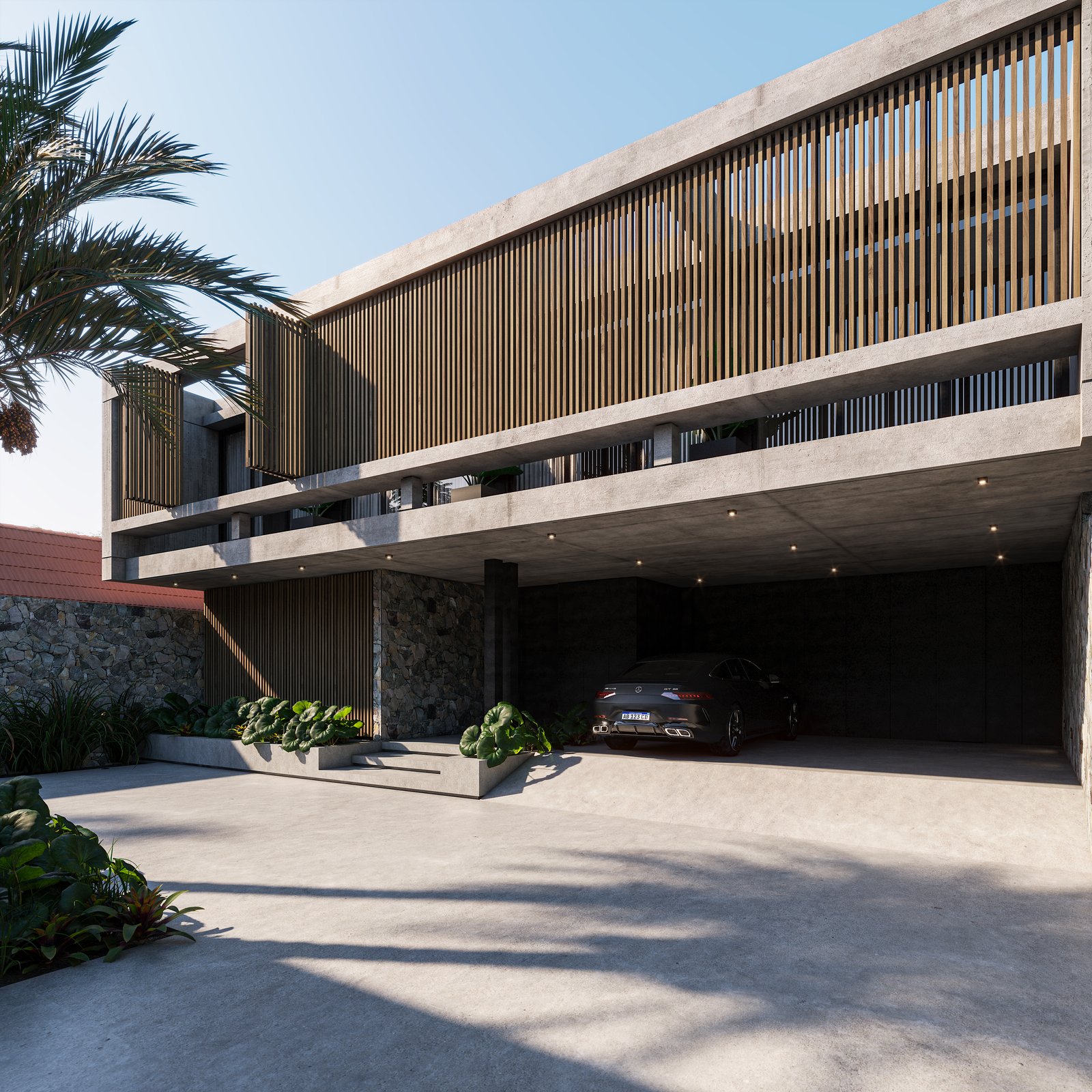 fachada moderna de concreto com detalhes em madeira e carro — projeto Casa MITO, por Grupo CRBN, em Ituzaingó
