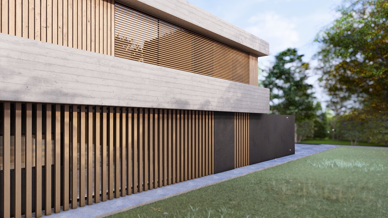 Fachada moderna con listones de madera y viga de hormigón — proyecto Casa ML, por Hermann Arquitectos, en Avenida del Golf s/n
