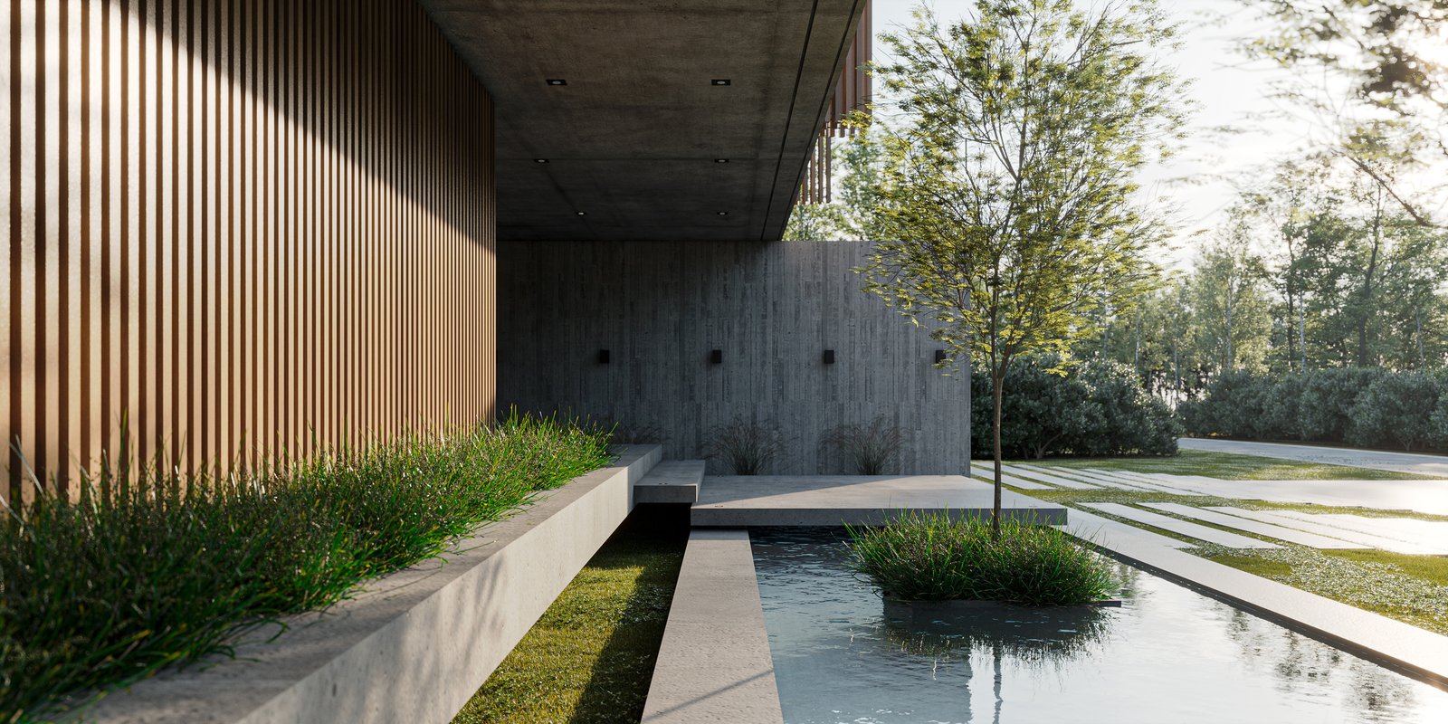Fachada moderna con revestimiento de madera, canal de agua y jardín — proyecto Casa BRIDGE, por Grupo CRBN, en Av. de los Lagos 1815