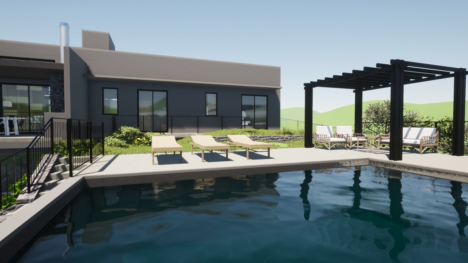 área de piscina moderna residencial al aire libre — proyecto Casa Las Vertientes, por Luciana González Anderson, en Salta
