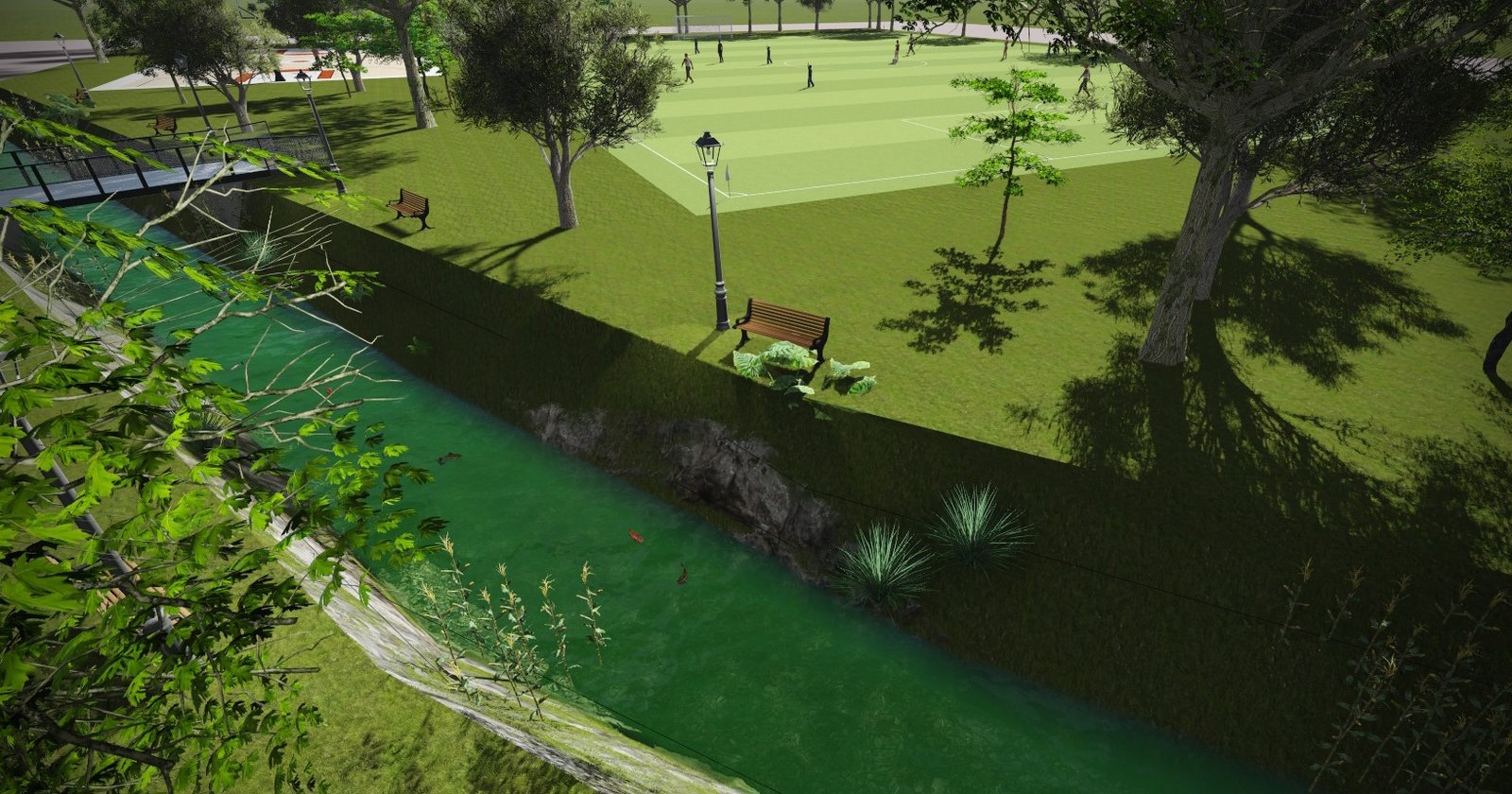 parque com rio e gramado geométrico — projeto Complejo turístico, sindicato de cerveceros Corrientes., por Arquitecto Gustavo Maidana, em Paso de la Patria