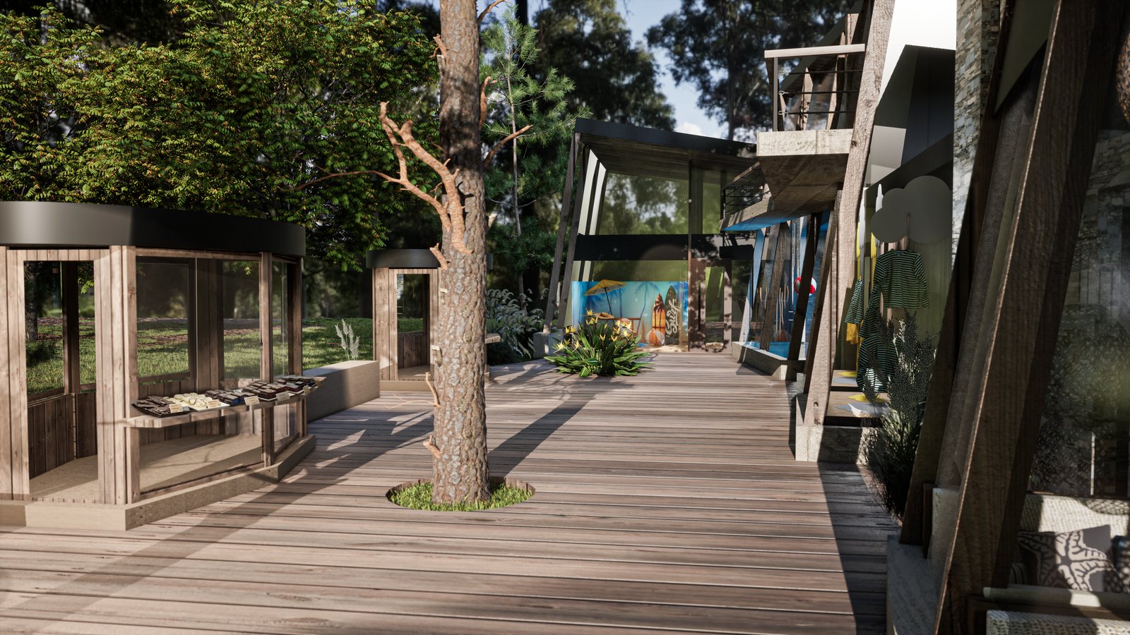 Patio moderno con deck de madera y parrilla integrada en bosque — proyecto Paseo Comercial Costa del Este, por COMOTTO - SOMMER  - ARQUITECTOS, en Costa del Este