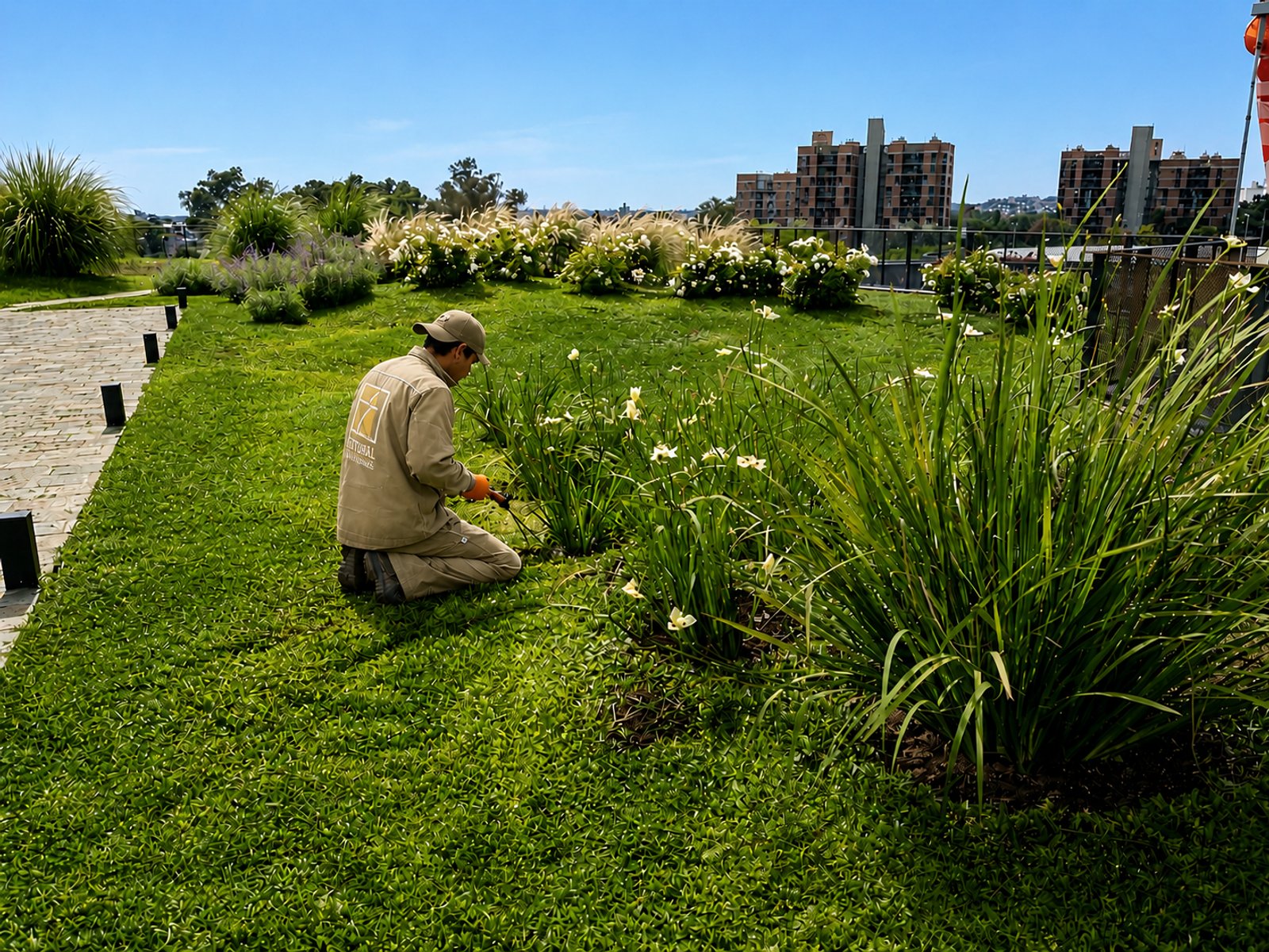 Homem cuidando do jardim em frente a uma casa moderna — projeto Casa de Gobierno :: Córdoba :: Terraza verde :: Acompañamiento STIPA Arte Natura, por STIPA Arte Natural, em Rosario