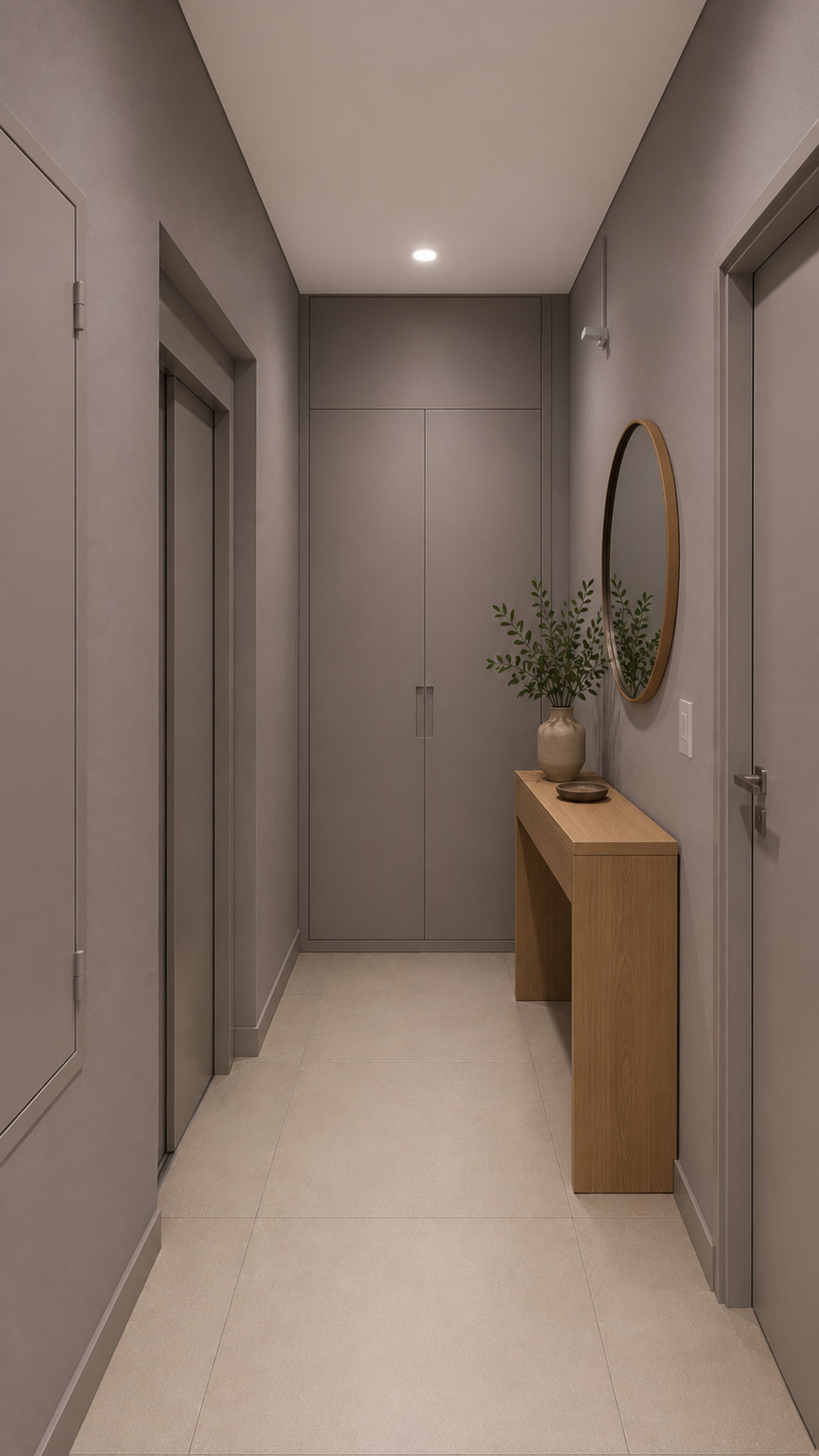 Pasillo moderno con armario empotrado, espejo redondo y planta — proyecto Interiorismo MyM, por Plasma co, en Lomas de Zamora