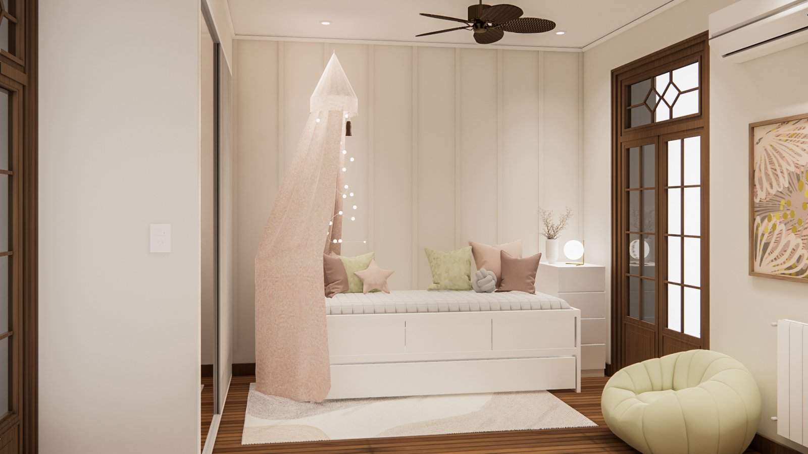 dormitorio infantil moderno con cama dosel y butaca redonda — proyecto Elegante hogar de familia y sus dormitorios, por Mela Deco Design, en Buenos Aires