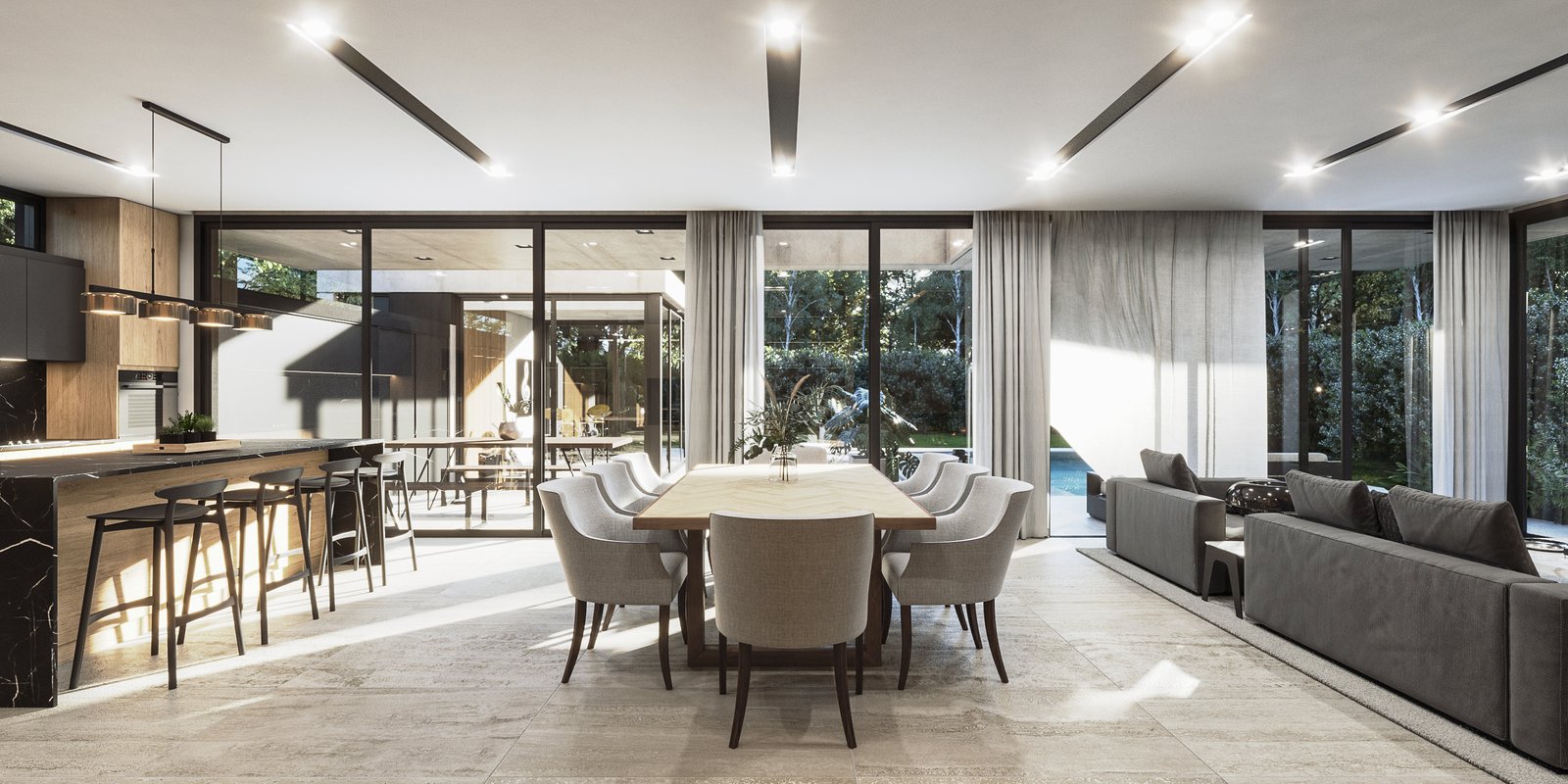 Living comedor y cocina moderna, planta abierta, grandes ventanales — proyecto Casa TERRA, por Grupo CRBN, en Los Robles 5901