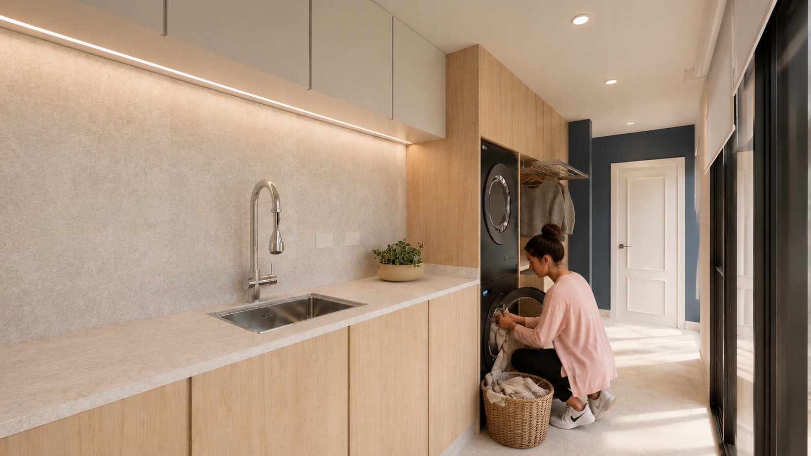 Lavadero moderno con encimeras de piedra y gabinetes de madera clara — proyecto Casa Residencial, por Eniraestudio, en Salto