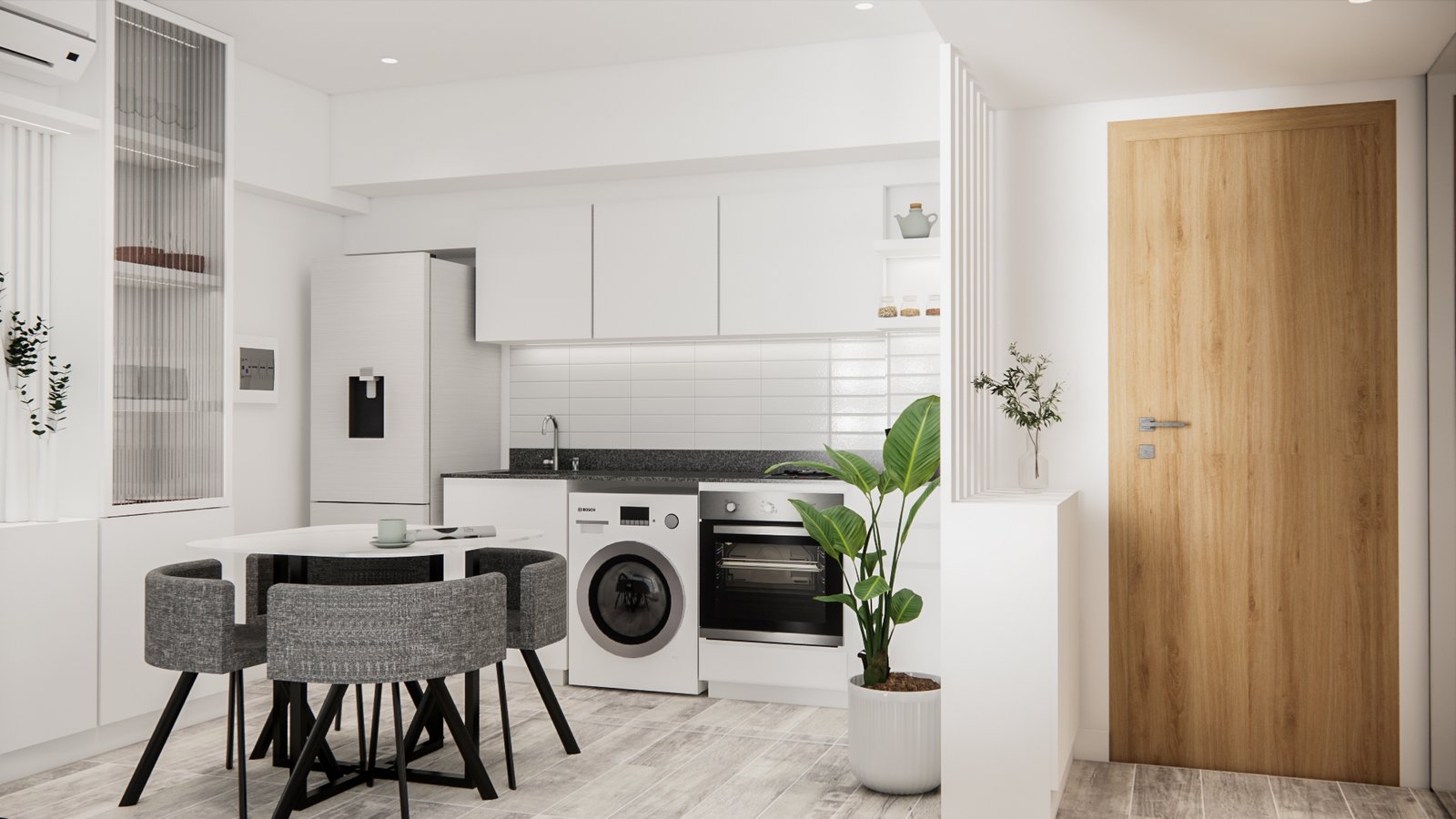 Cozinha moderna aberta estilo escandinavo com sala de jantar integrada — projeto Diseño de departamento minimalista, por Mela Deco Design, em Buenos Aires