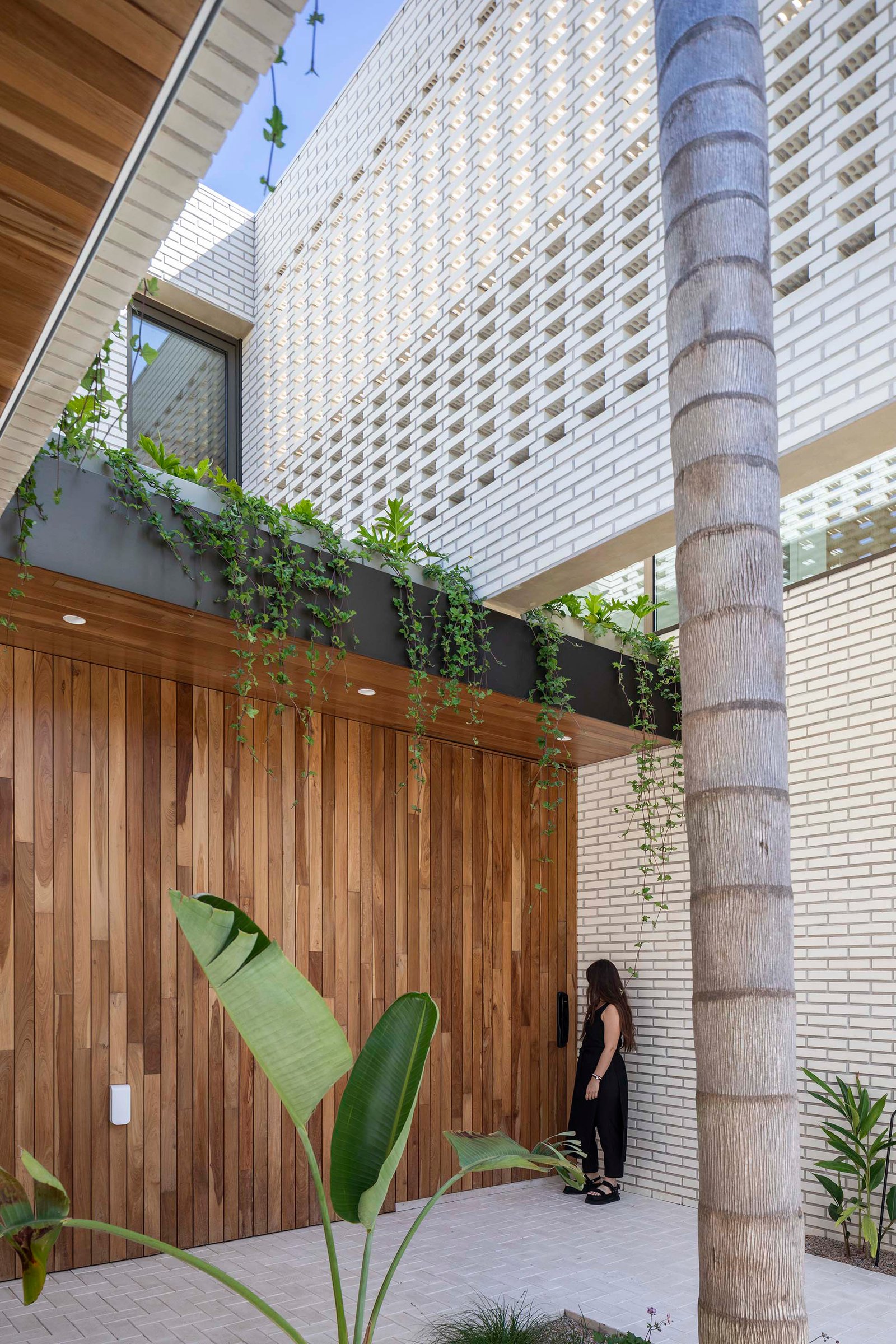 Fachada moderna com tijolo branco vazado e entrada de madeira — projeto Casa Magnolia, por Estudio PK, em San Isidro