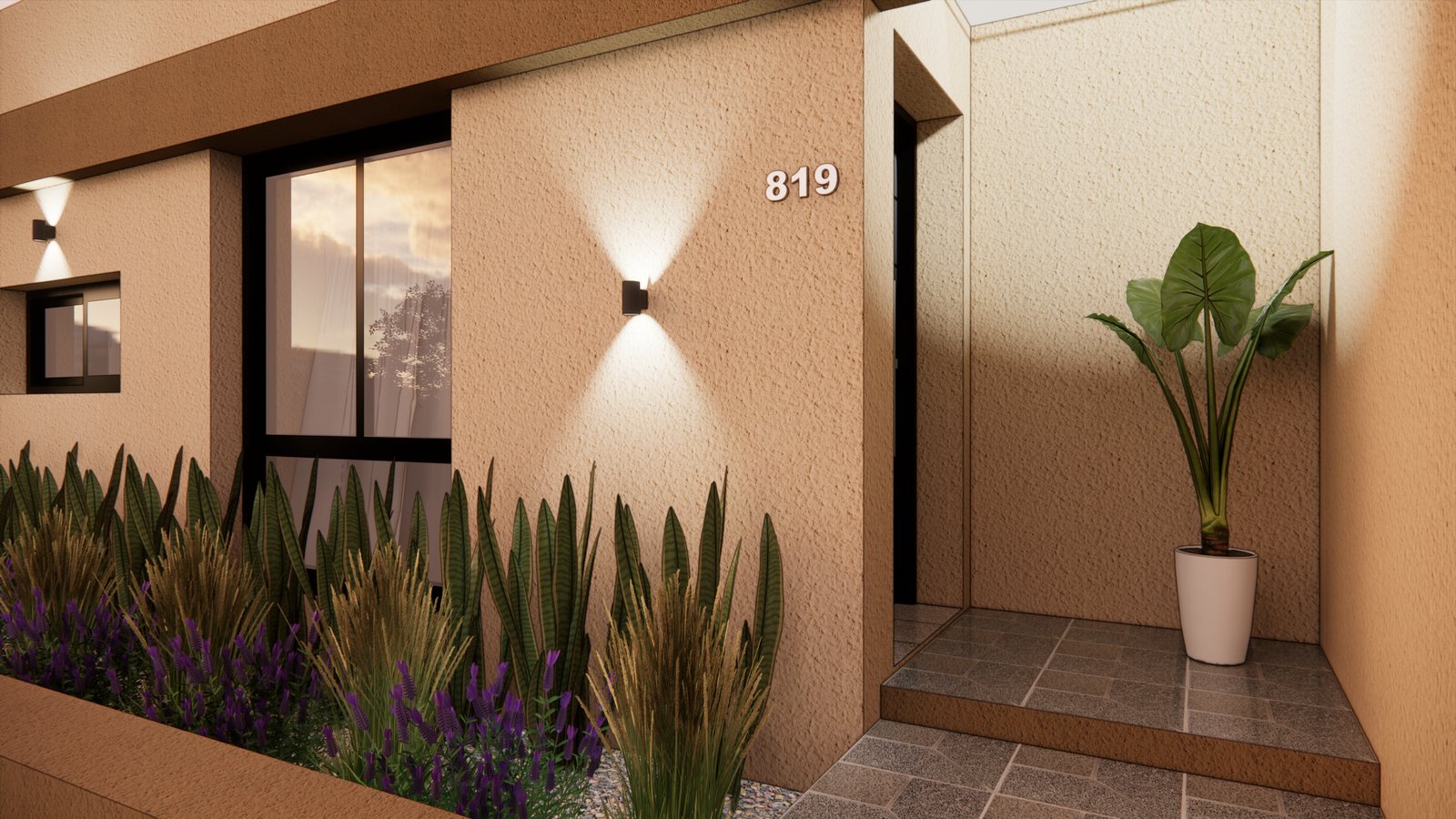 Fachada moderna com plantas e iluminação embutida — projeto FACHADA S&S, por Todo con A, em X5125 Monte Cristo