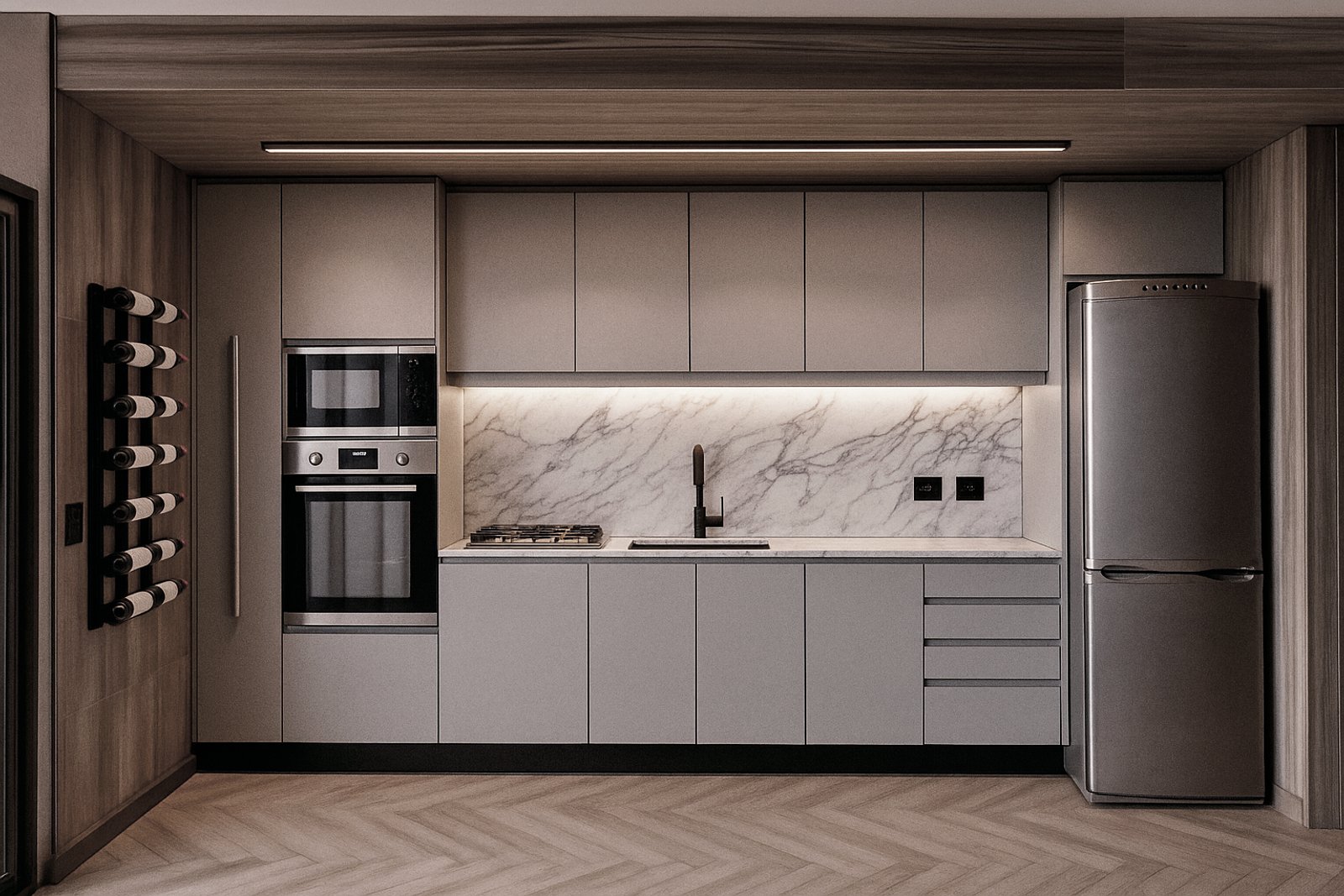 Cozinha moderna minimalista com armários cinzas e bancadas de mármore — projeto Los Incas - Piso 2, por Tali Estudio, em Av. de los Incas 3190