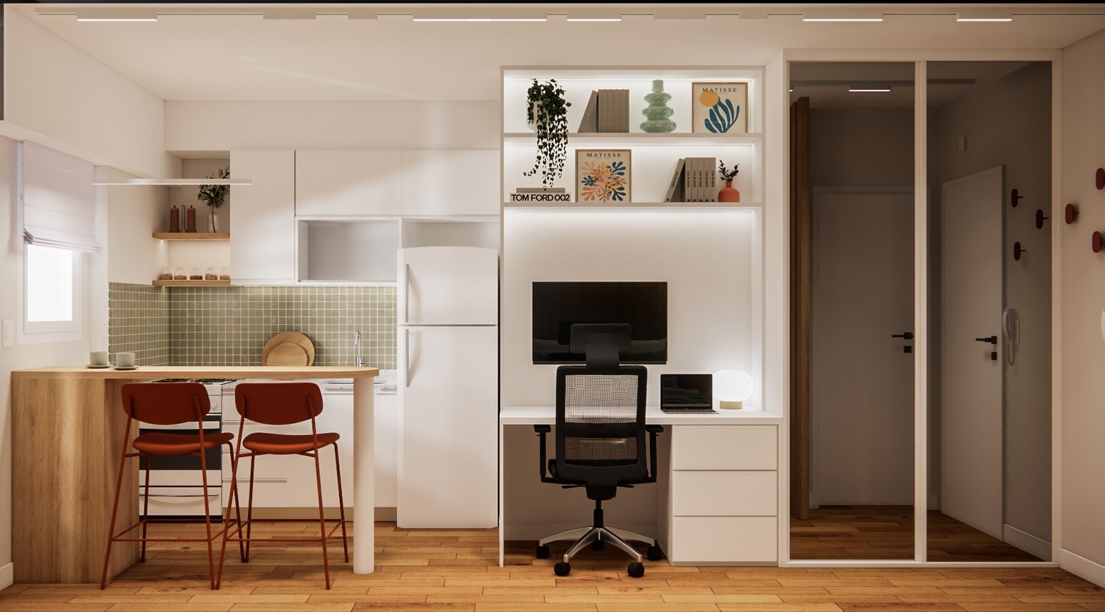 Monoambiente moderno con cocina, oficina y comedor — proyecto Diseño de monoambiente colorido, por Mela Deco Design, en Buenos Aires