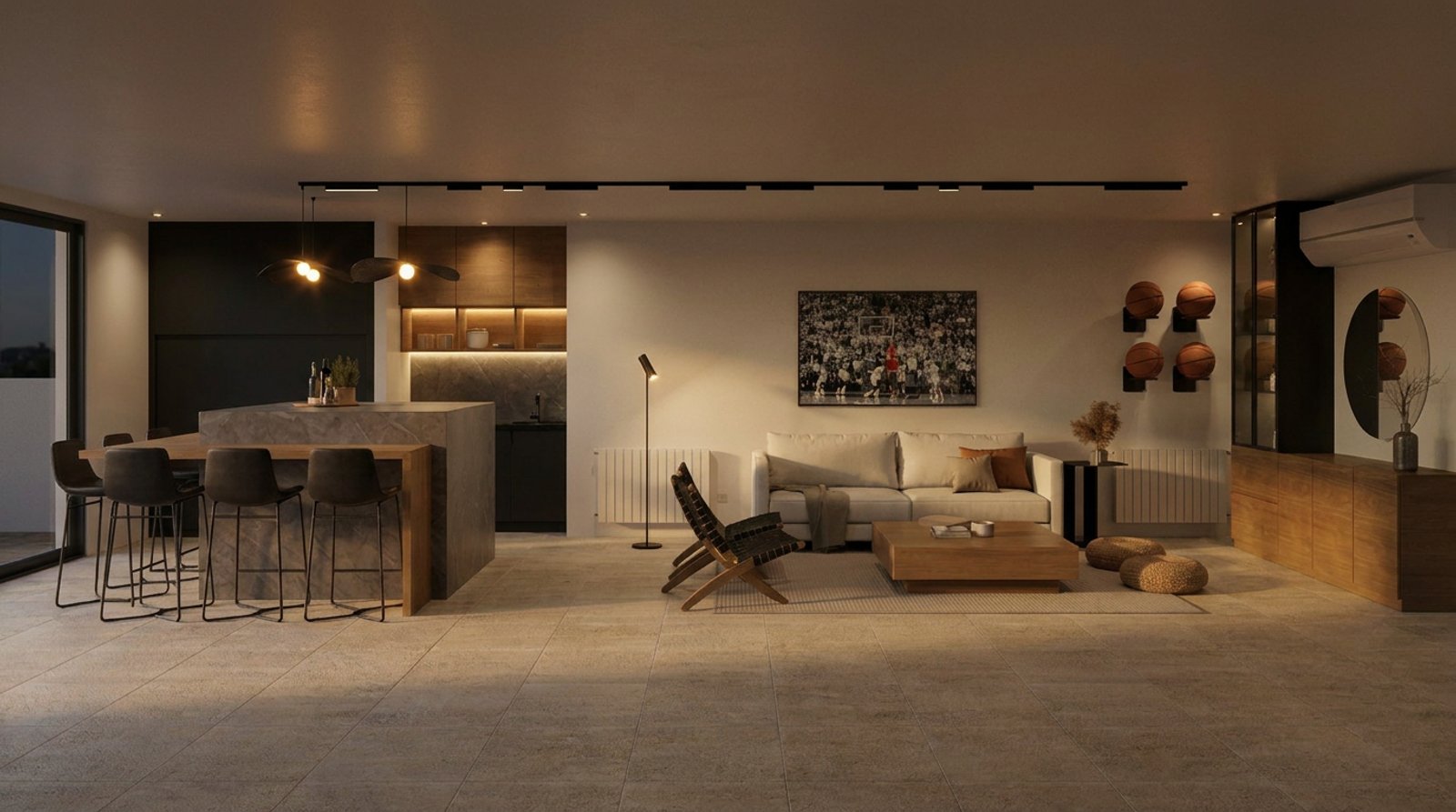 Living comedor moderno integrado con isla de cocina — proyecto Diseño moderno de quincho, por Mela Deco Design, en Buenos Aires