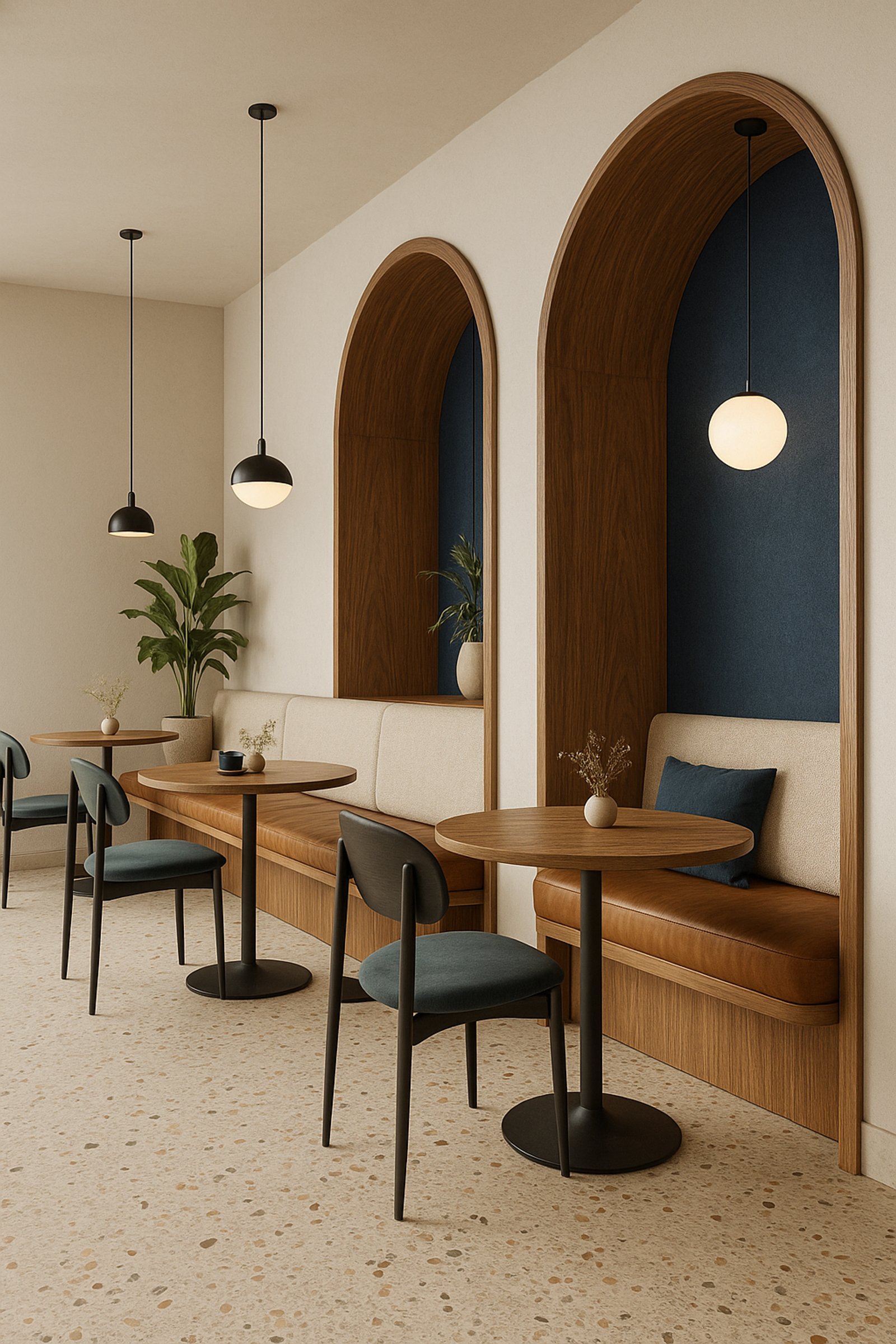 Sala de jantar moderna com arcos, bancos embutidos e piso de terrazzo — projeto Grab & Garden, por Casa Rosa Estudio, em Córdoba