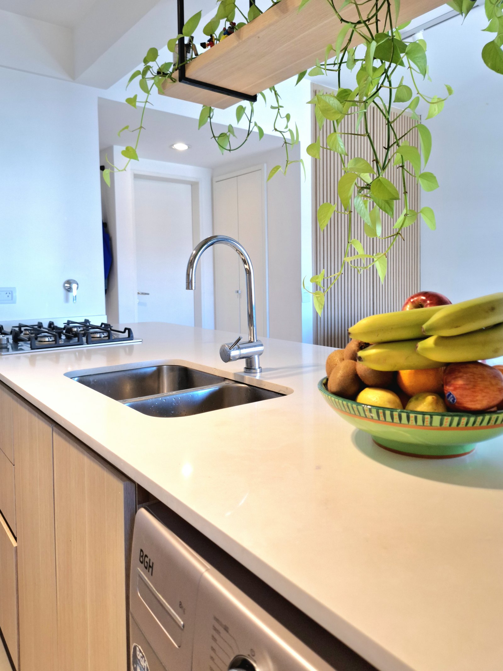 Cocina moderna con plantas colgantes y doble bacha — proyecto PROYECTO VICENTE LOPES, por HALESA ESTUDIO, en Vicente López