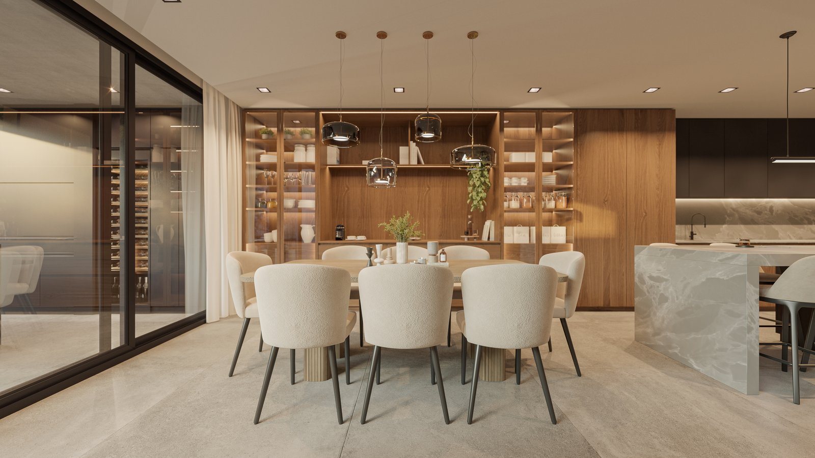 Comedor moderno integrado a cocina con bodega de vinos — proyecto Casa IZA, por Grupo CRBN, en Villa Urquiza