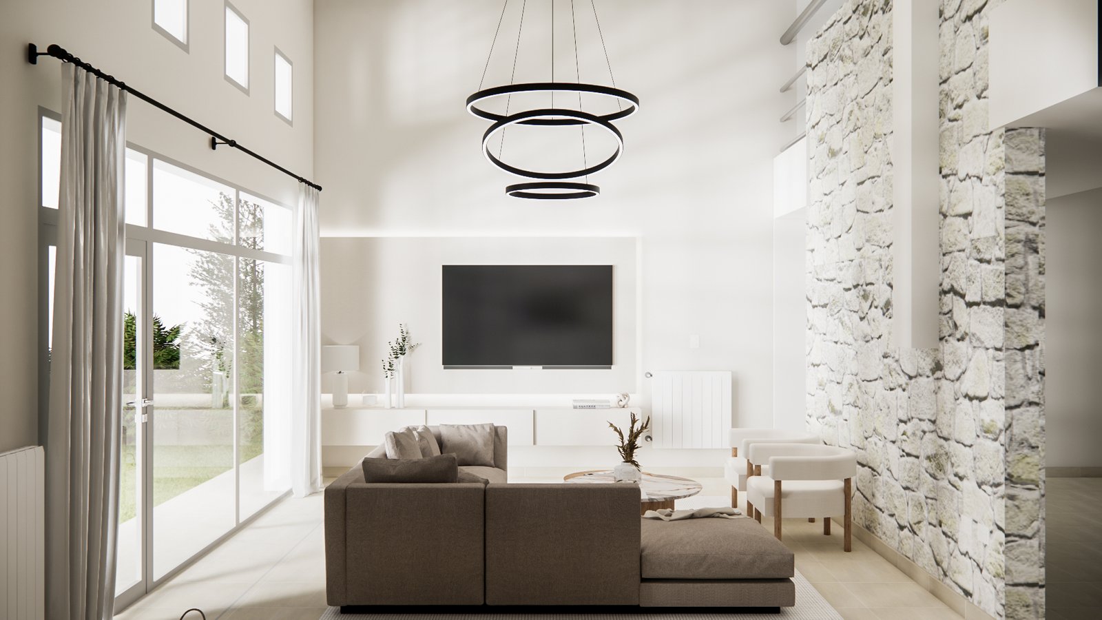 Living comedor moderno con doble altura, pared de piedra y mucha luz — proyecto Casa de familia elegante y funcional, por Mela Deco Design, en Buenos Aires