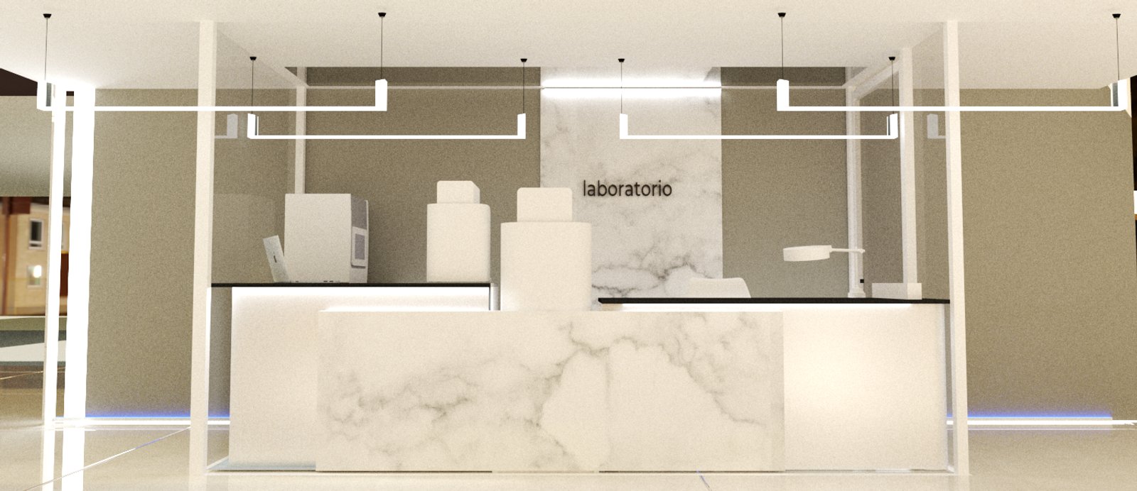Recepción moderna con mostrador de mármol y luz lineal — proyecto LABORATORIO CLINICA GAM, por Amorosi Espacios de Diseño, en Neuquén