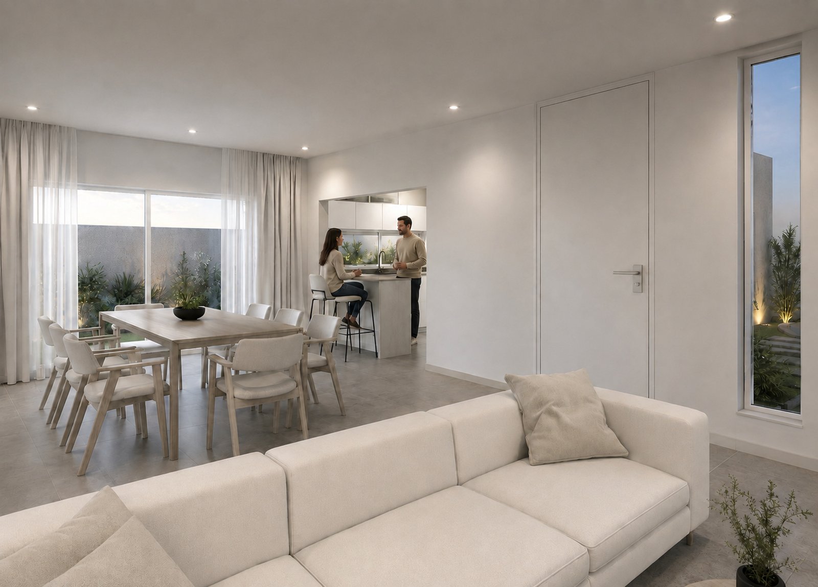 Living comedor cocina moderno y luminoso con ventana de piso a techo — proyecto Casa Pupy, por WILSON ARQUITECTURA, en B1667 Tortuguitas