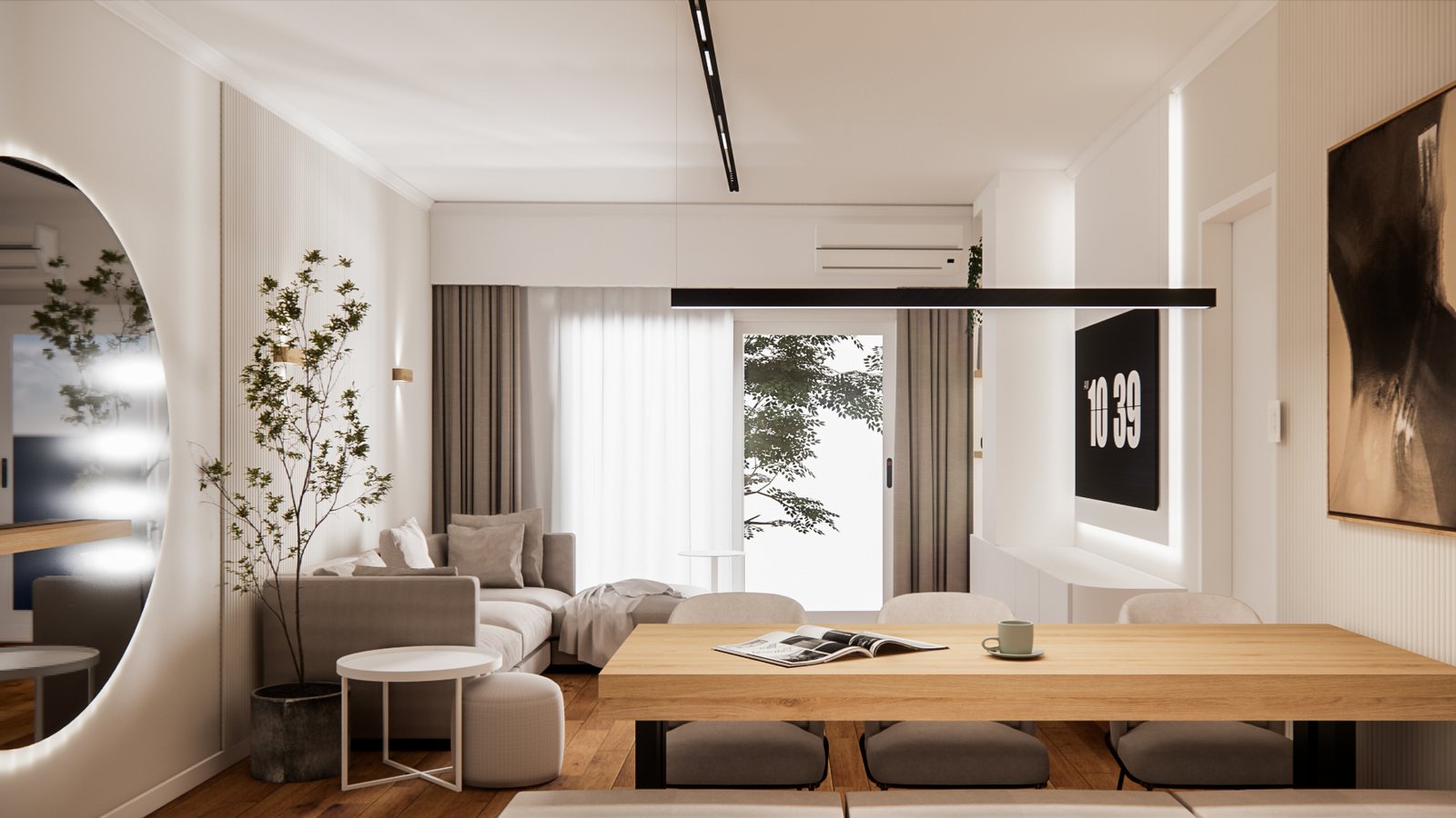 Living moderno con comedor integrado y estética minimalista — proyecto Diseño moderno de estar comedor y habitaciones, por Mela Deco Design, en Buenos Aires