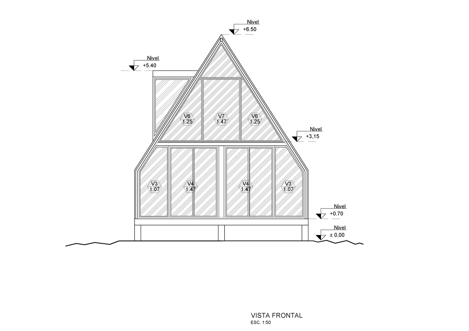 Planta frontal de casa moderna com estrutura em A e fachada envidraçada — projeto Cabañas en Villa Ernestina, por Ignacio Pandolfi Arq., em Heine 100