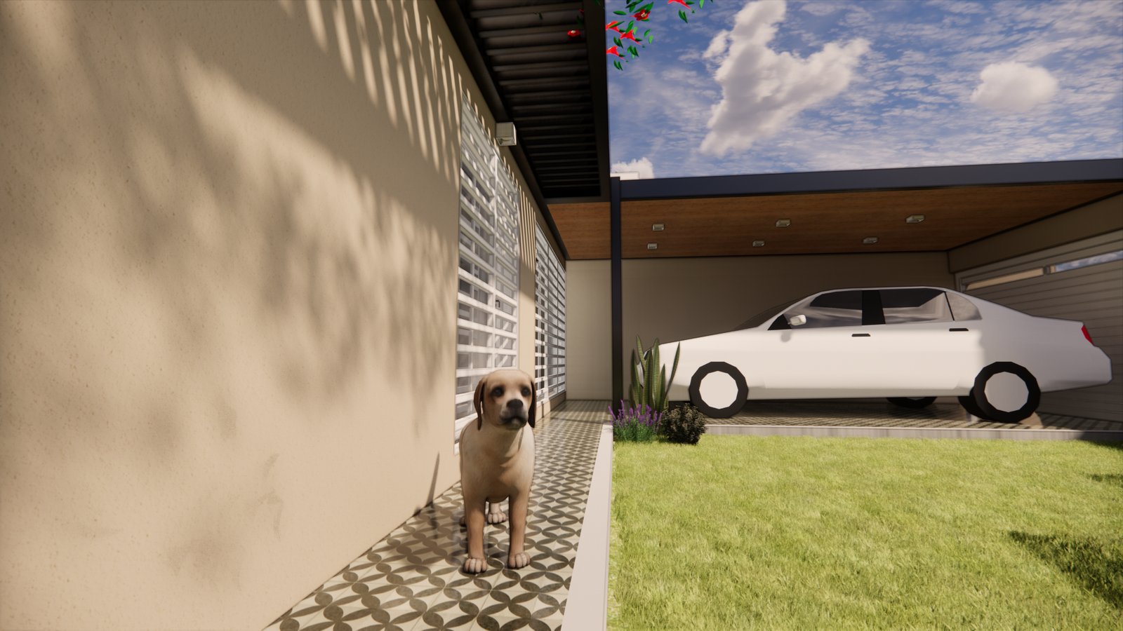 fachada moderna con perro y auto bajo pérgola — proyecto FACHADAS JS, por Todo con A, en X5125 Monte Cristo