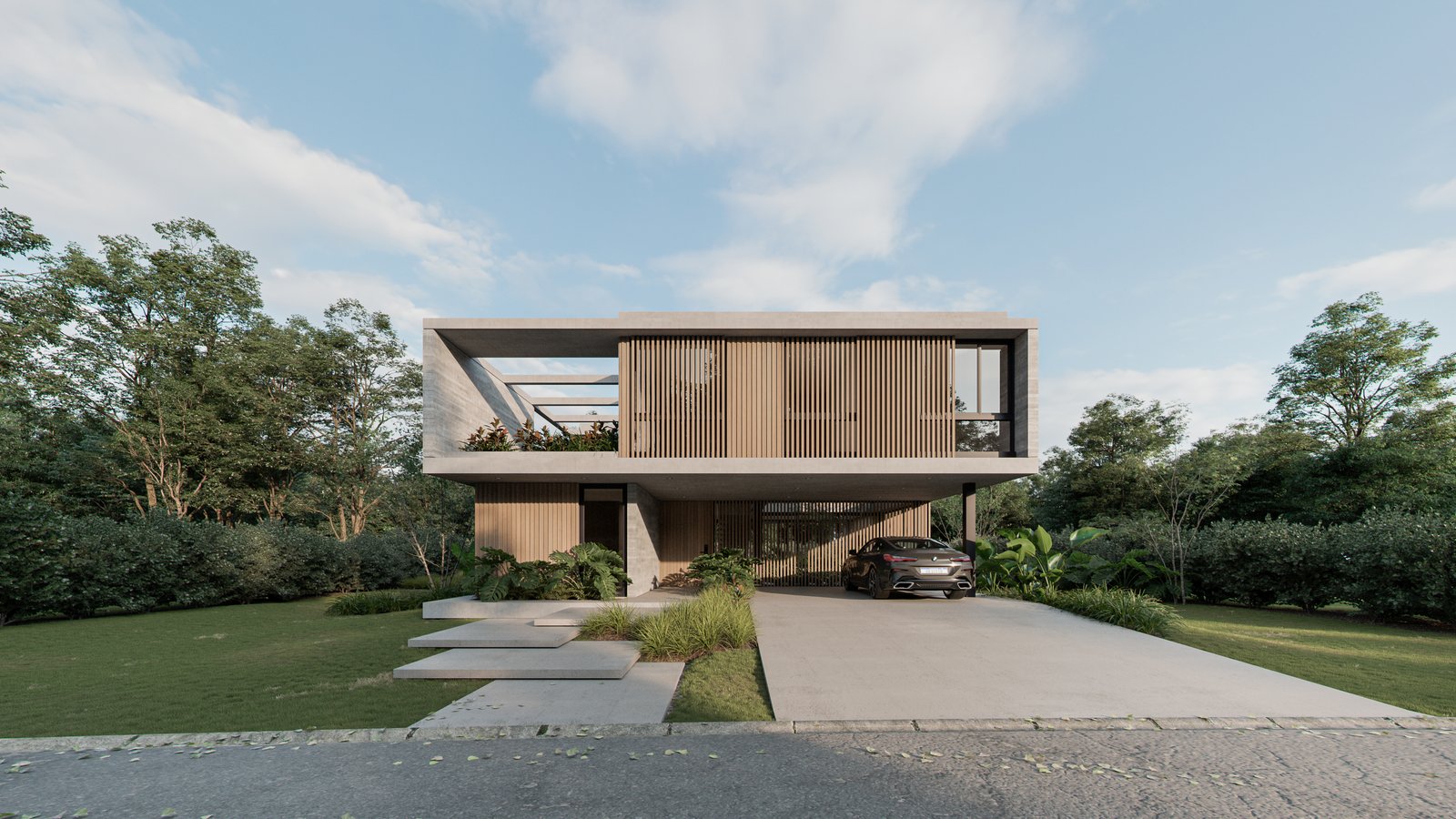 Fachada moderna de dos pisos con madera y metal — proyecto Casa BEAT, por Grupo CRBN, en Av. de los Lagos 1815