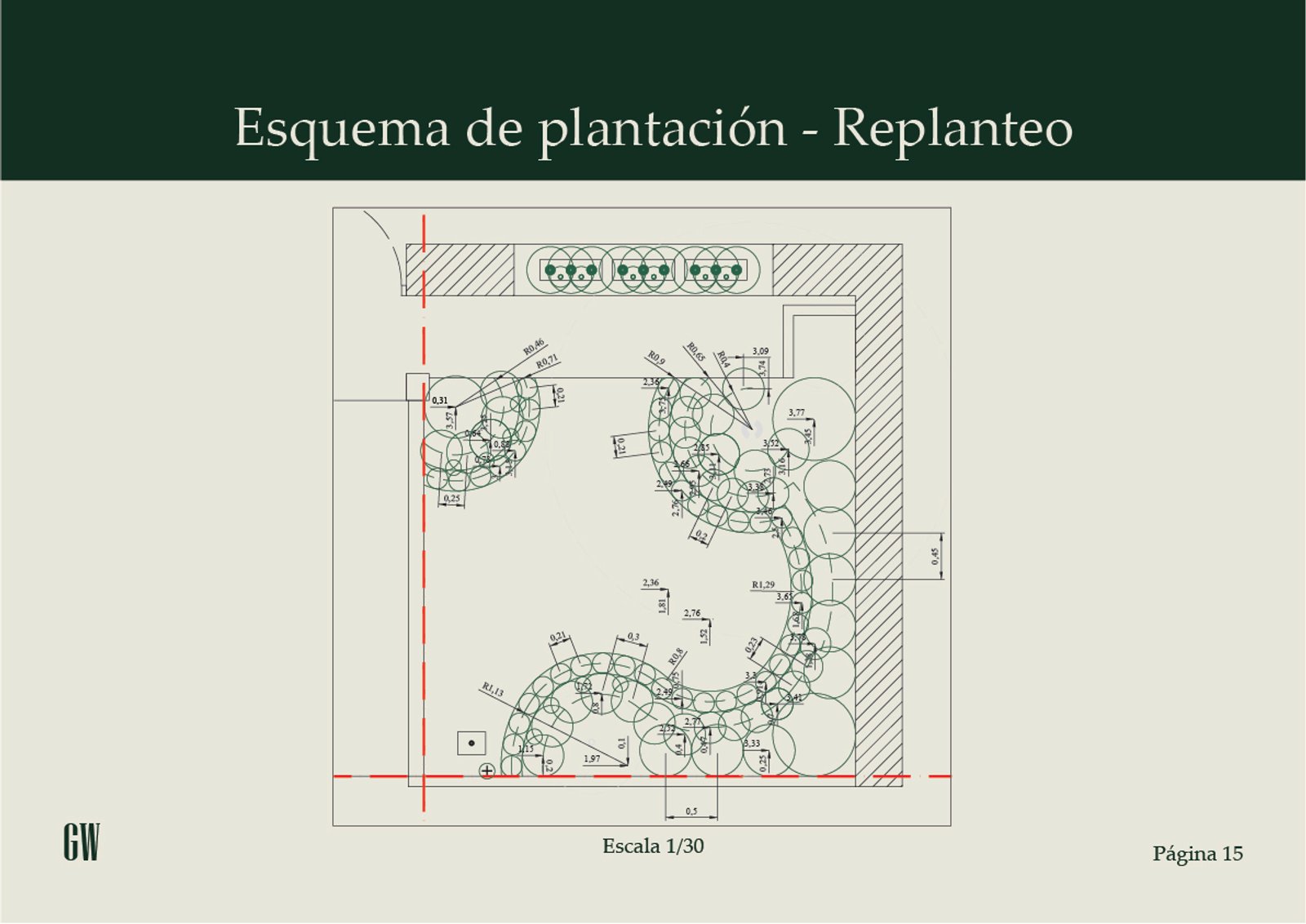 Esquema de plantación con maceteros circulares y camas curvas — proyecto Proyecto Moreno, por Greenwood Paisajismo, en Moreno 419