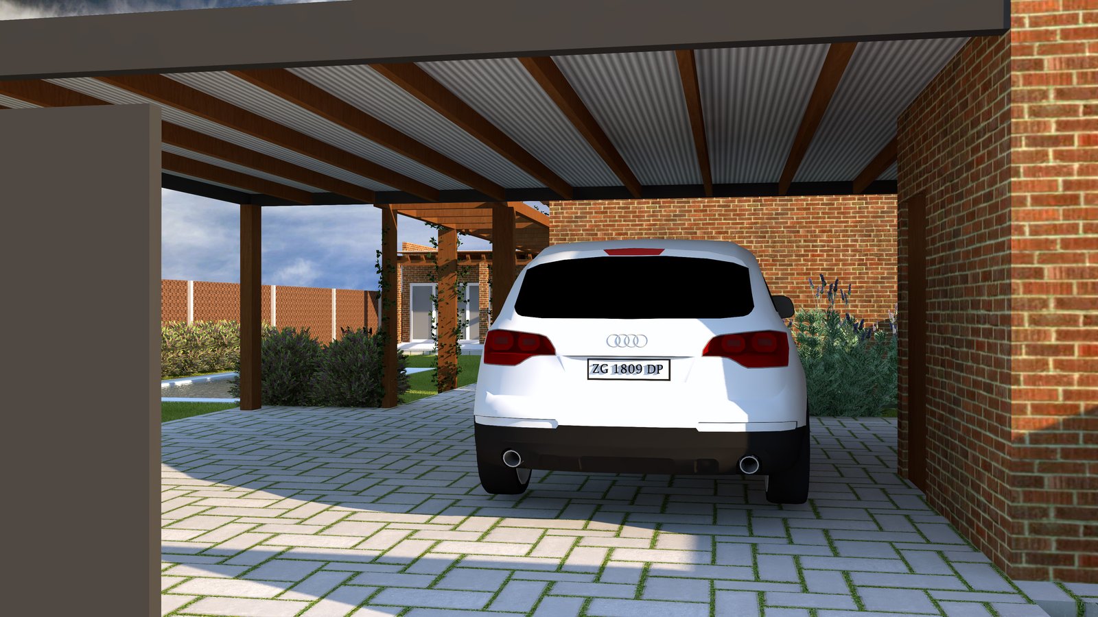 SUV sob toldo moderno ao lado de casa de tijolos — projeto Diseño para integrar la vivienda con la cochera, por LM arquitecta+paisajista, em Almafuerte