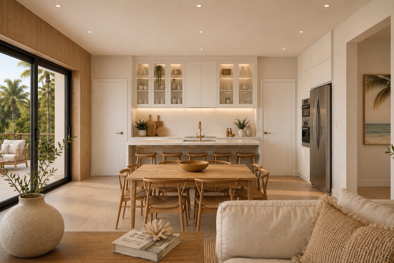 Cocina comedor living moderno nórdico con isla y vista al exterior — proyecto José Ignacio , por Grupo Steimberg , en 20000 Faro de José Ignacio