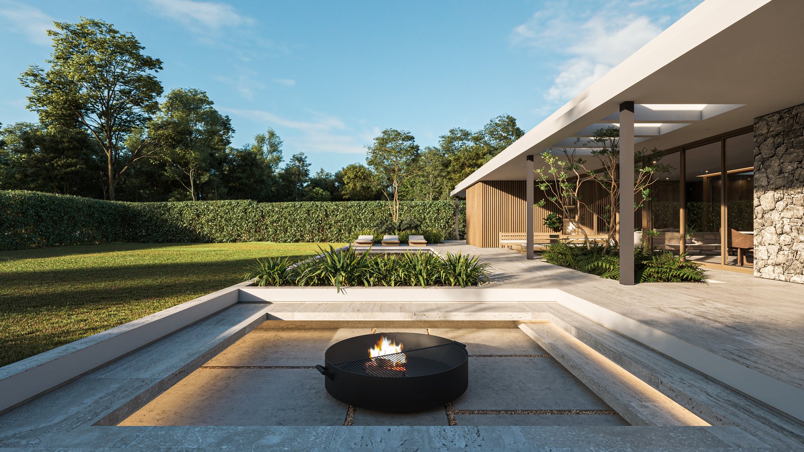patio moderno con fogonero incorporado y jardín exuberante — proyecto Casa CITY, por Grupo CRBN, en City Bell