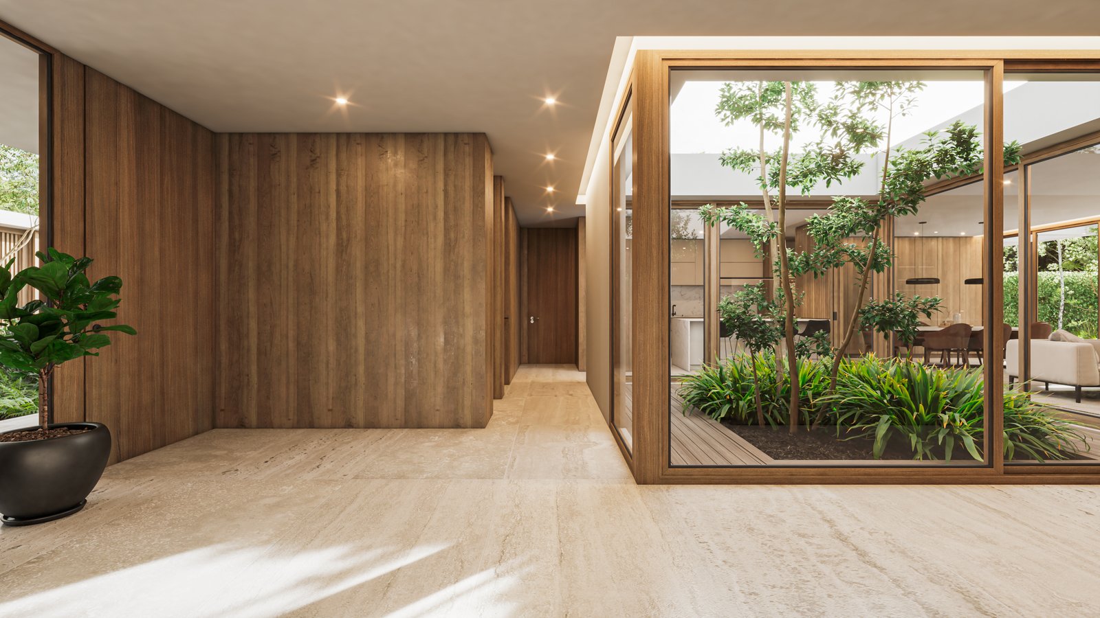 Pasillo moderno con jardín interior y paredes de madera — proyecto Casa CITY, por Grupo CRBN, en City Bell
