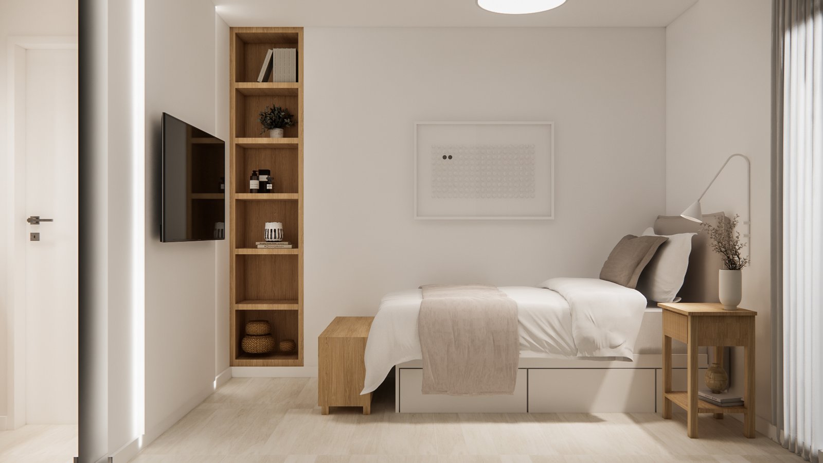 Dormitorio moderno minimalista con estanterías de madera — proyecto Casa cálida y acogedora, por Mela Deco Design, en Buenos Aires