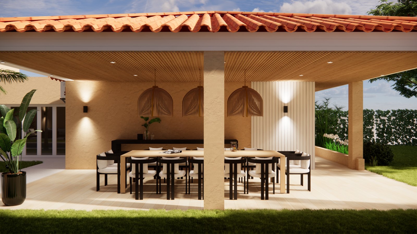 Comedor exterior cubierto con techo de madera y luces colgantes — proyecto Diseño de galería y fogonero, por Mela Deco Design, en Buenos Aires