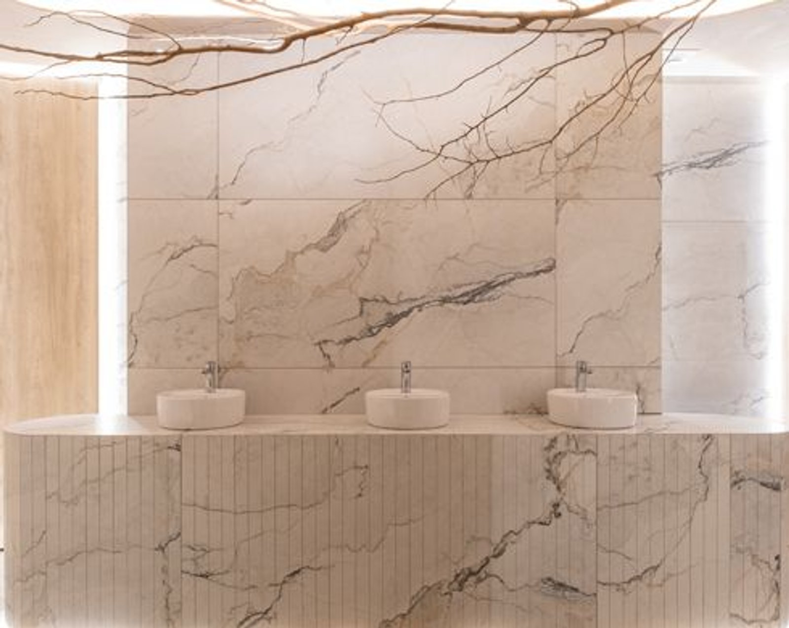 Baño comercial con tres lavabos integrados y decoración de ramas — proyecto Casa Foa Córdoba 2025, por Vite Porcellanato, en Ciudad de Córdoba
