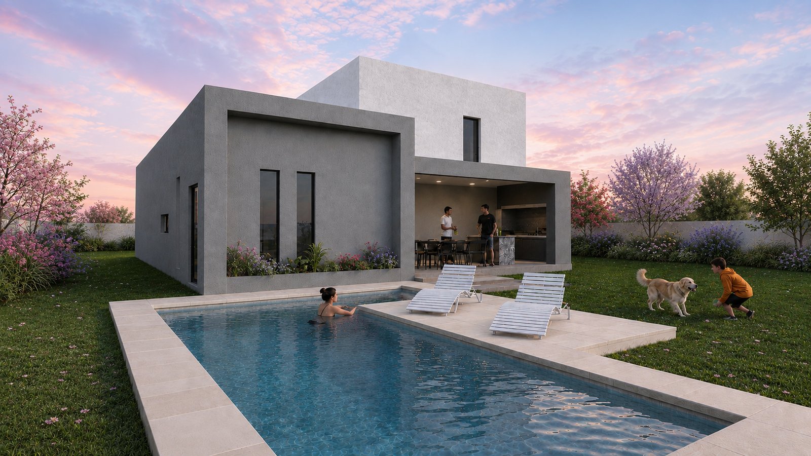 Casa moderna com piscina e jardim exuberante — projeto Casa Scott, por WILSON ARQUITECTURA, em Pilar