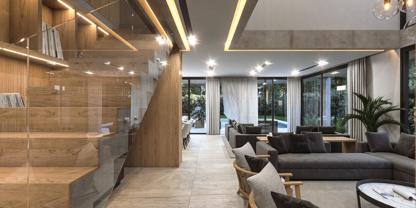 Interior moderno con escalera flotante y living gris amplio — proyecto Casa TERRA, por Grupo CRBN, en Los Robles 5901