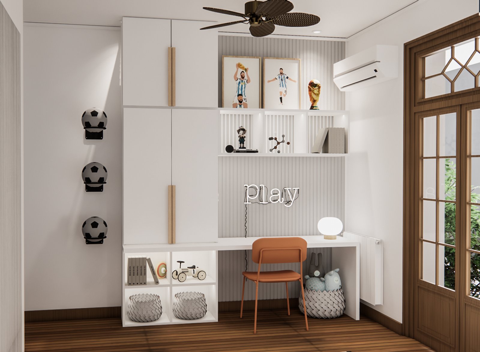 Oficina moderna con escritorio de madera y almacenamiento integrado — proyecto Elegante hogar de familia y sus dormitorios, por Mela Deco Design, en Buenos Aires