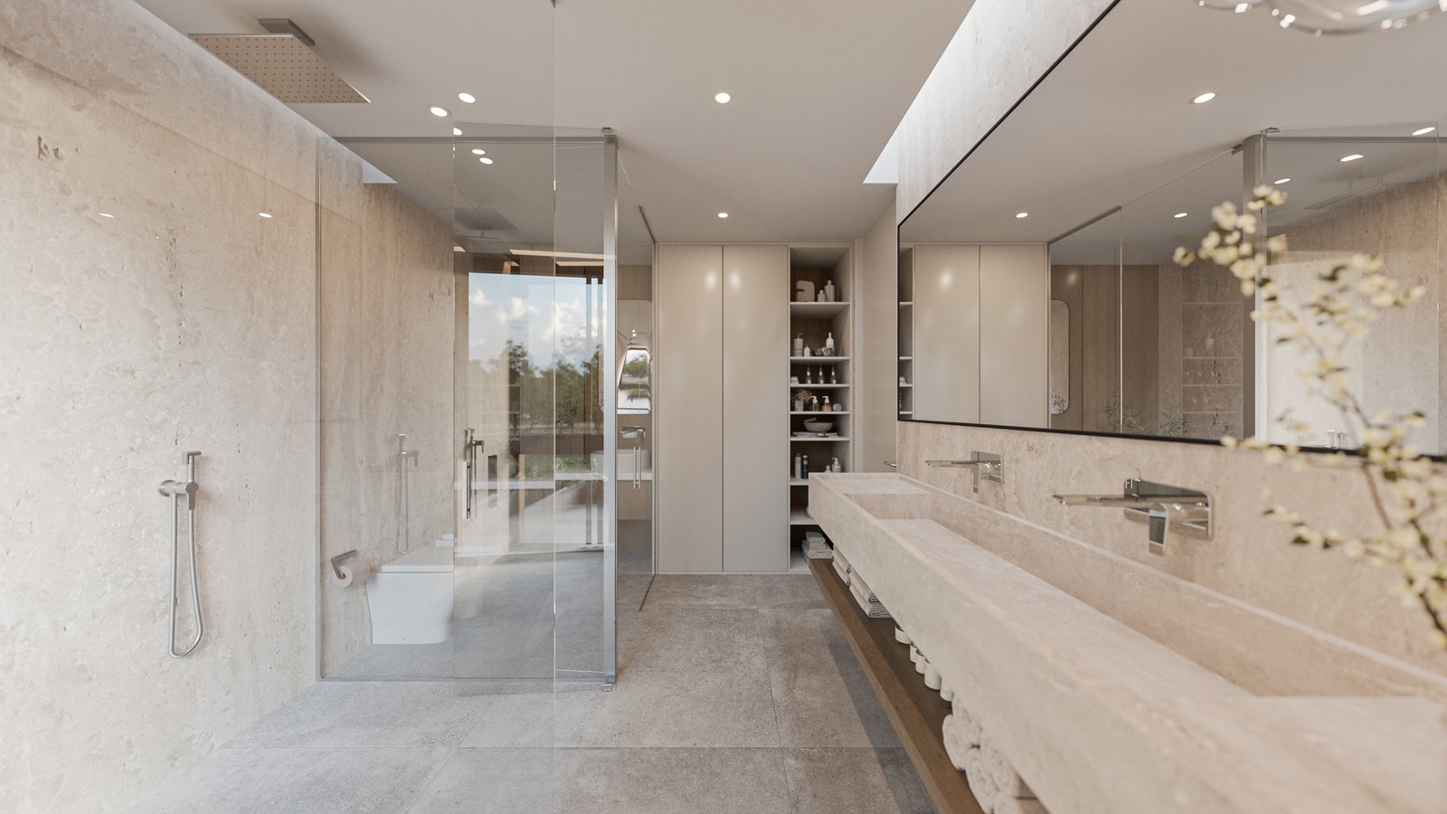 Baño moderno de lujo con mármol beige y doble bacha corrida — proyecto Casa BEAT, por Grupo CRBN, en Av. de los Lagos 1815