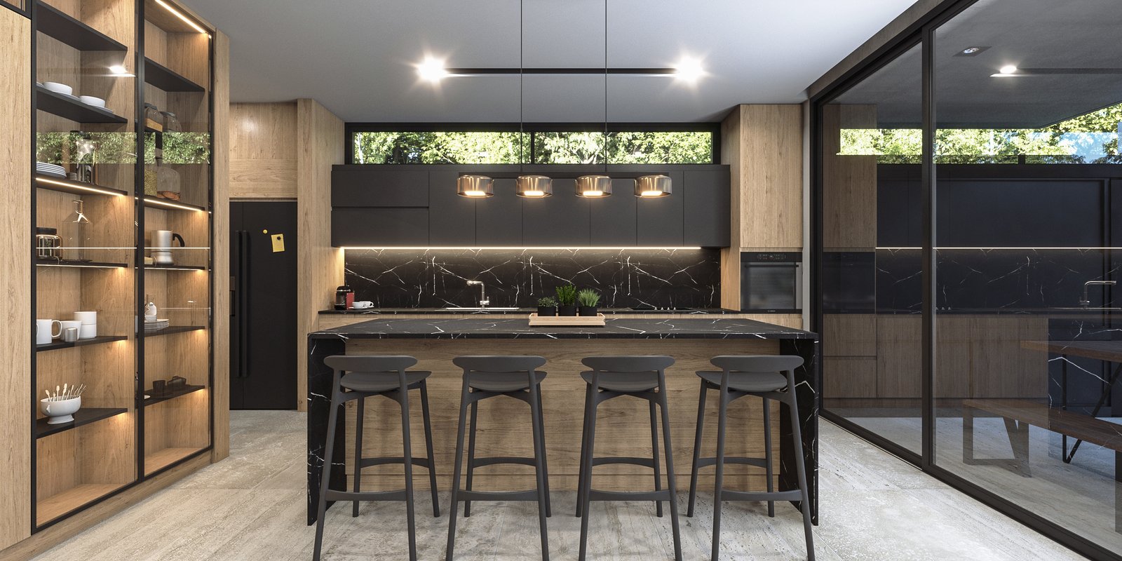 Cozinha moderna integrada com ilha, prateleiras de madeira e muita luz natural — projeto Casa TERRA, por Grupo CRBN, em Los Robles 5901
