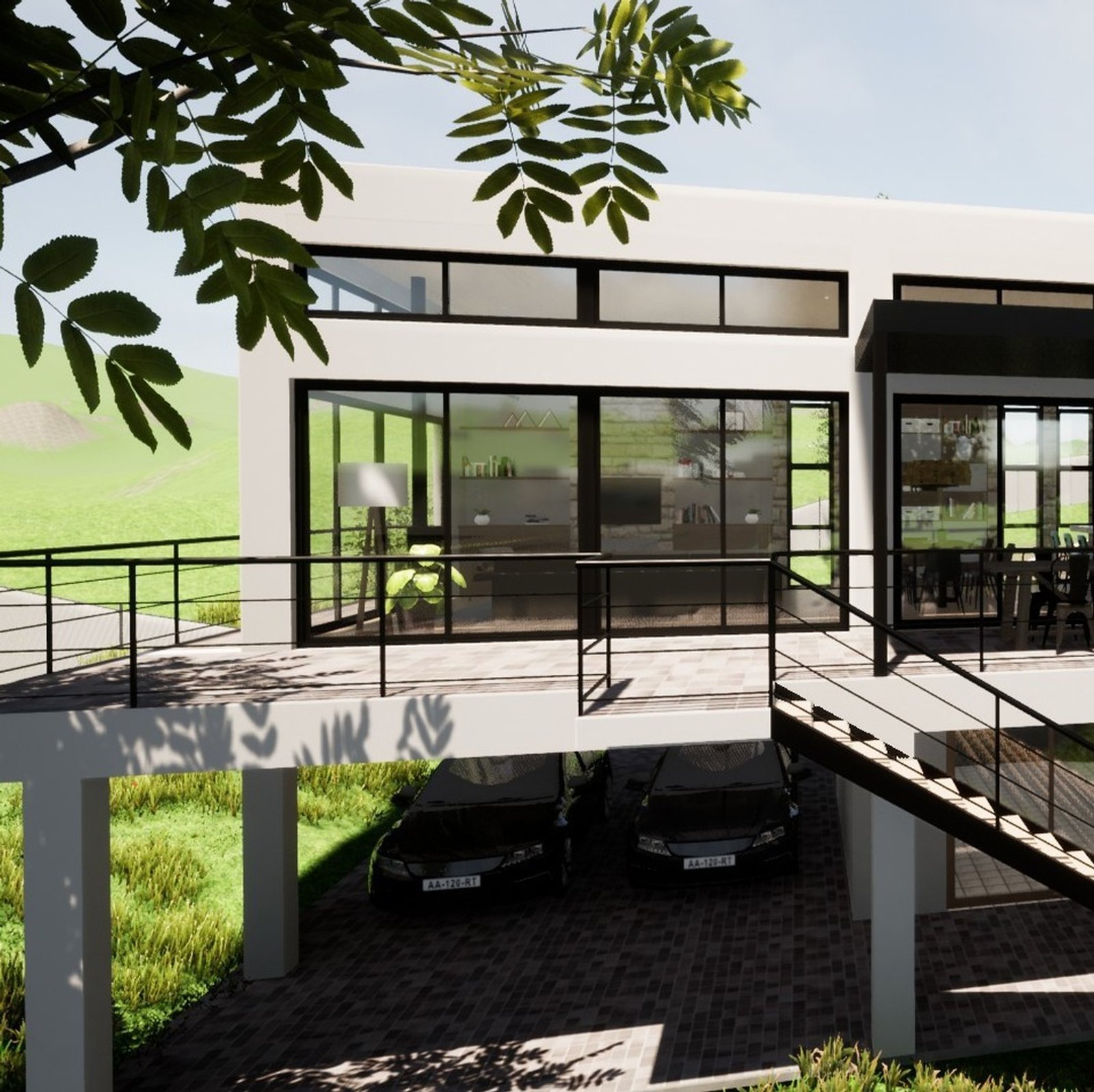 Fachada moderna de casa blanca con grandes ventanales y vegetación — proyecto Casa Las Vertientes, por Luciana González Anderson, en Salta