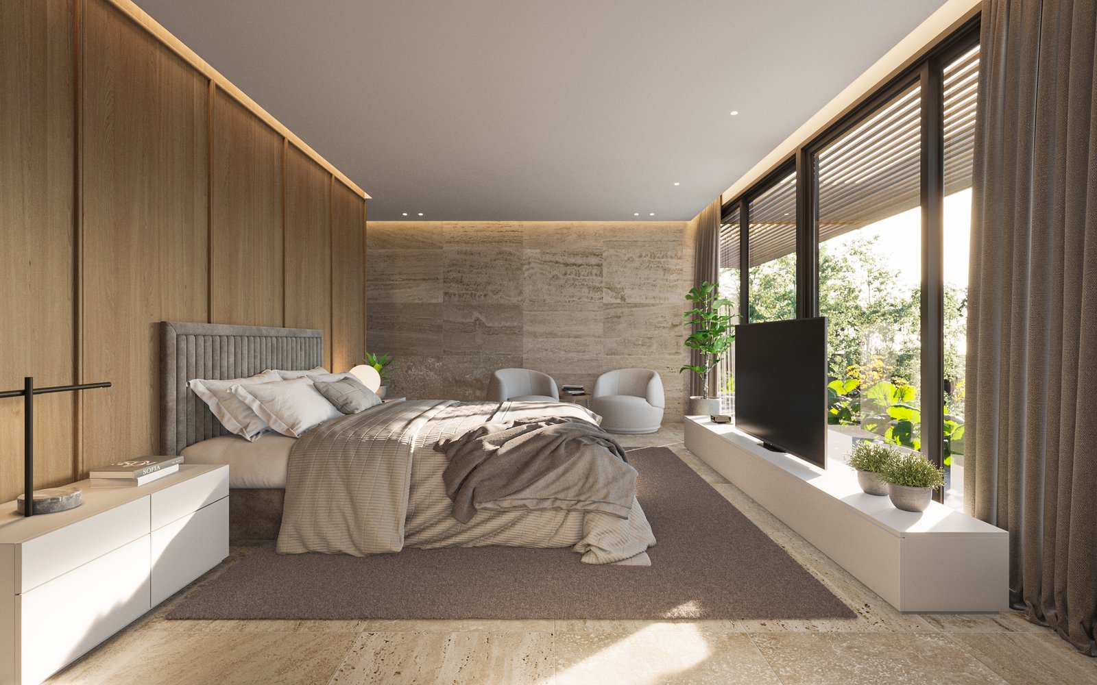 Dormitorio moderno con pared de madera y ventanales amplios — proyecto Casa PUERTOS, por Grupo CRBN, en Provincia de Buenos Aires
