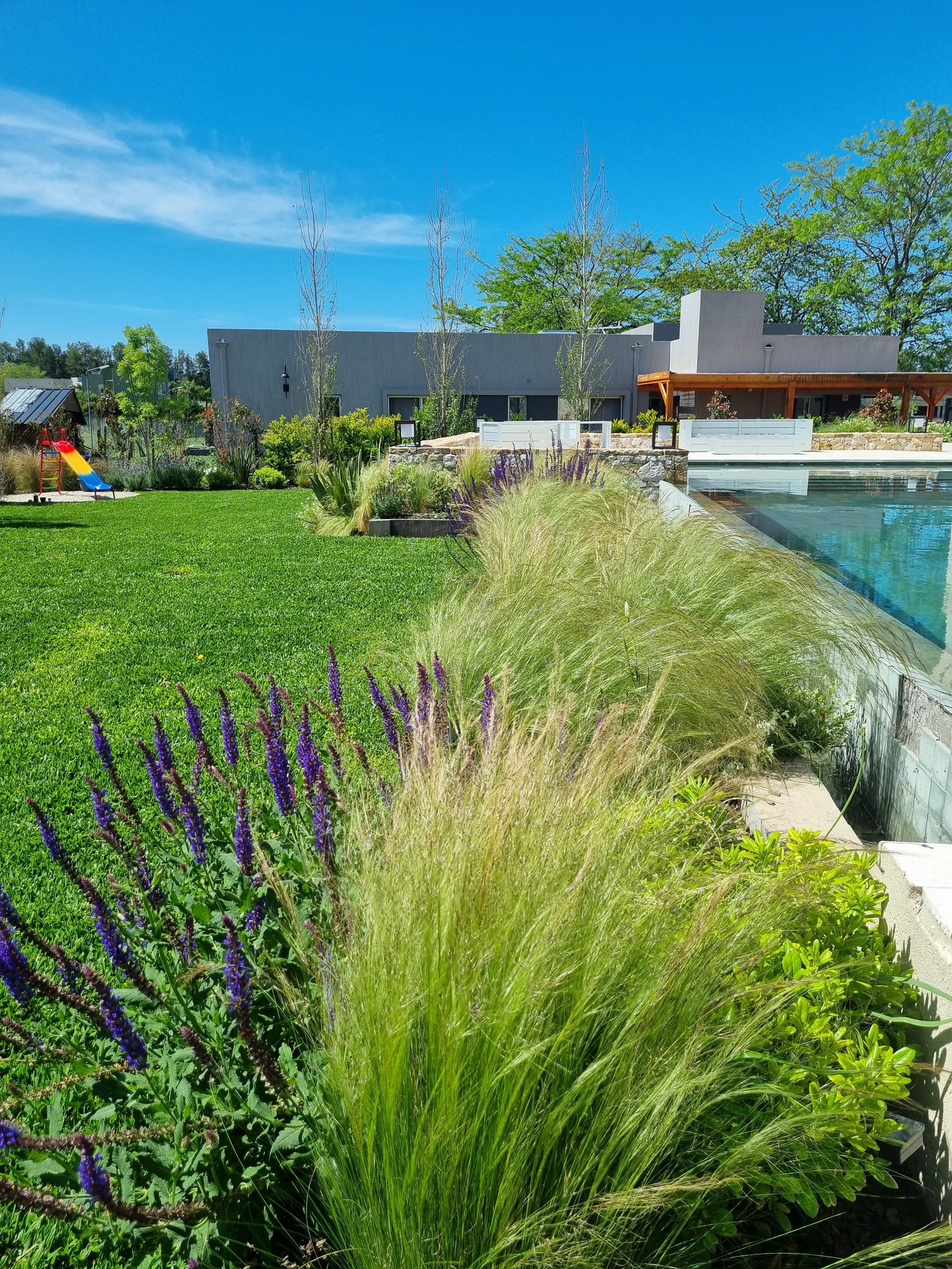 Jardín moderno con pileta, tobogán y vegetación exuberante — proyecto Barrio Hudson Park, por Marcela García Brünner Paisajista, en km 34