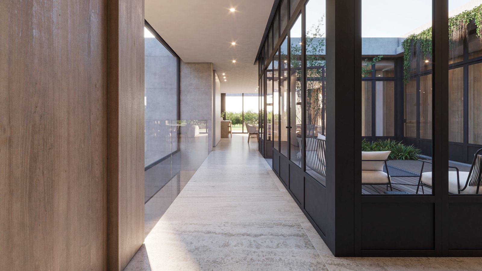Pasillo moderno con patio interior y grandes ventanales — proyecto Casa GOLF, por Grupo CRBN, en Ruta Panamericana Nº. 9