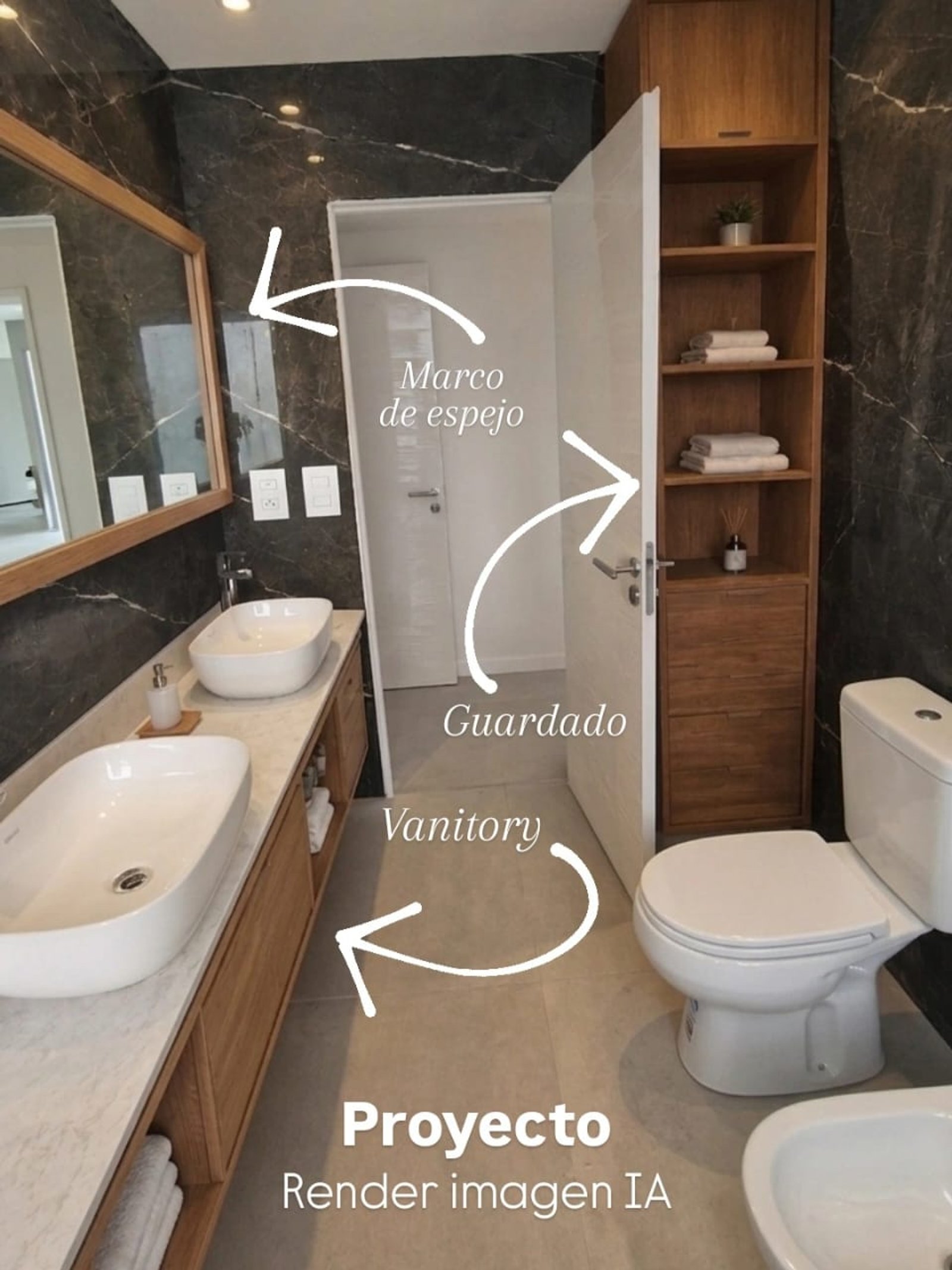 Baño moderno con mármol negro y vanitory de madera — proyecto MT, por Arquitecta, en Vicente López