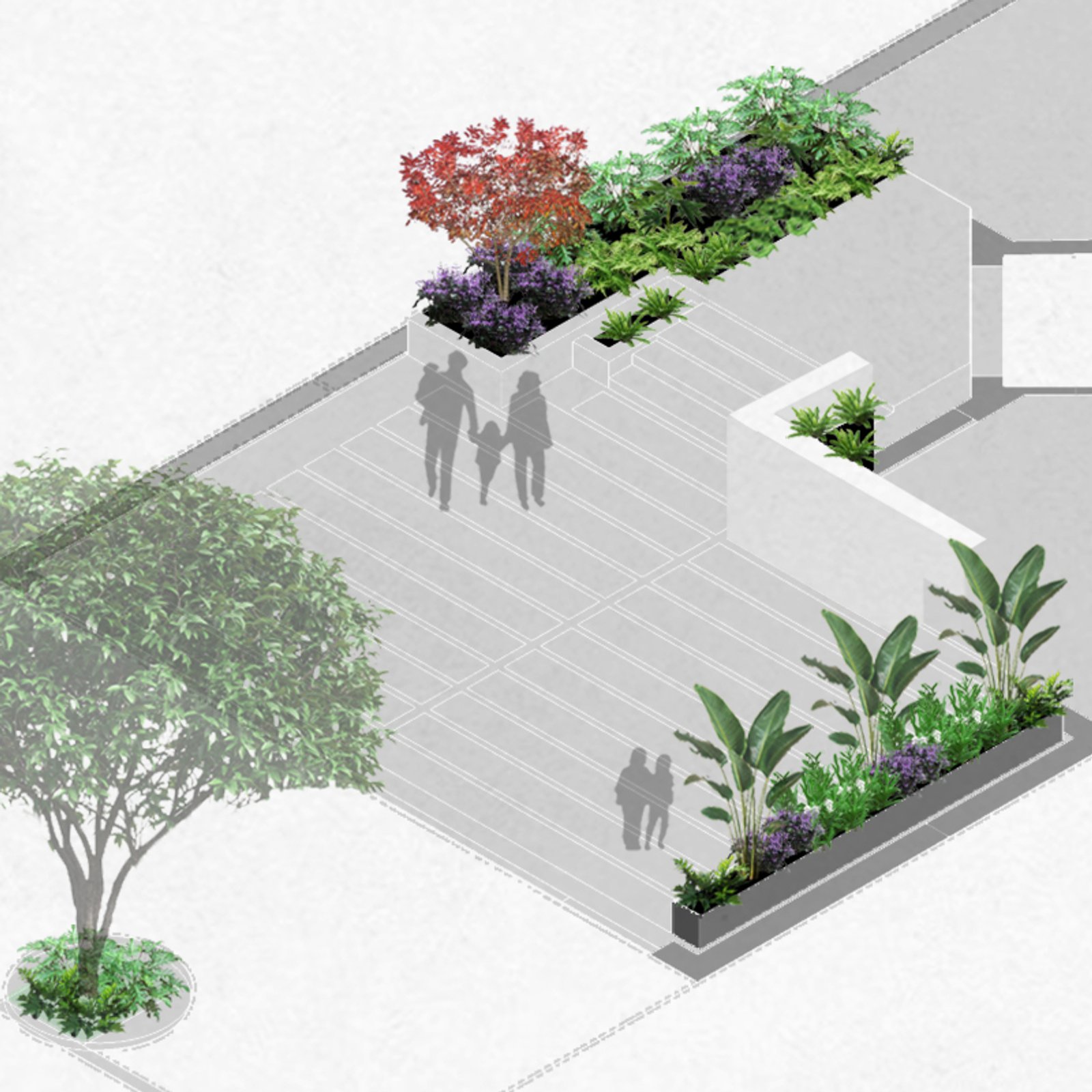 patio moderno con jardines integrados y figuras humanas — proyecto Casa PLAZA, por Estudio Rifahi, en Belgrano R